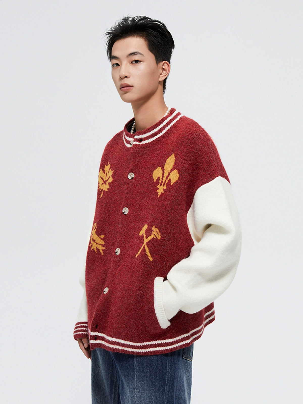 Vintage Crest Jacquard Knit Cardigan - CHINASQUAD