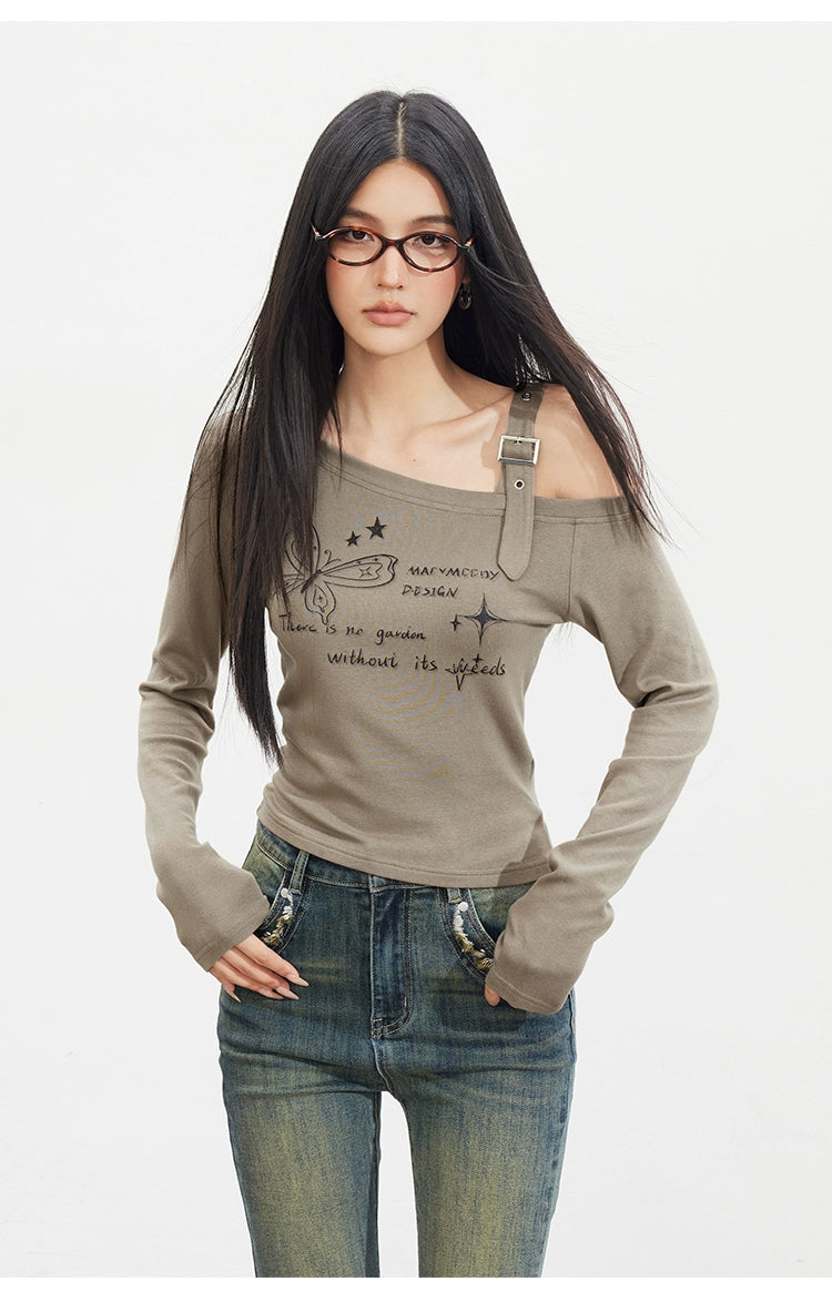 Butterfly Cold-Shoulder Long-Sleeve T-shirt - CHINASQUAD