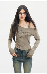 Butterfly Cold-Shoulder Long-Sleeve T-shirt - CHINASQUAD