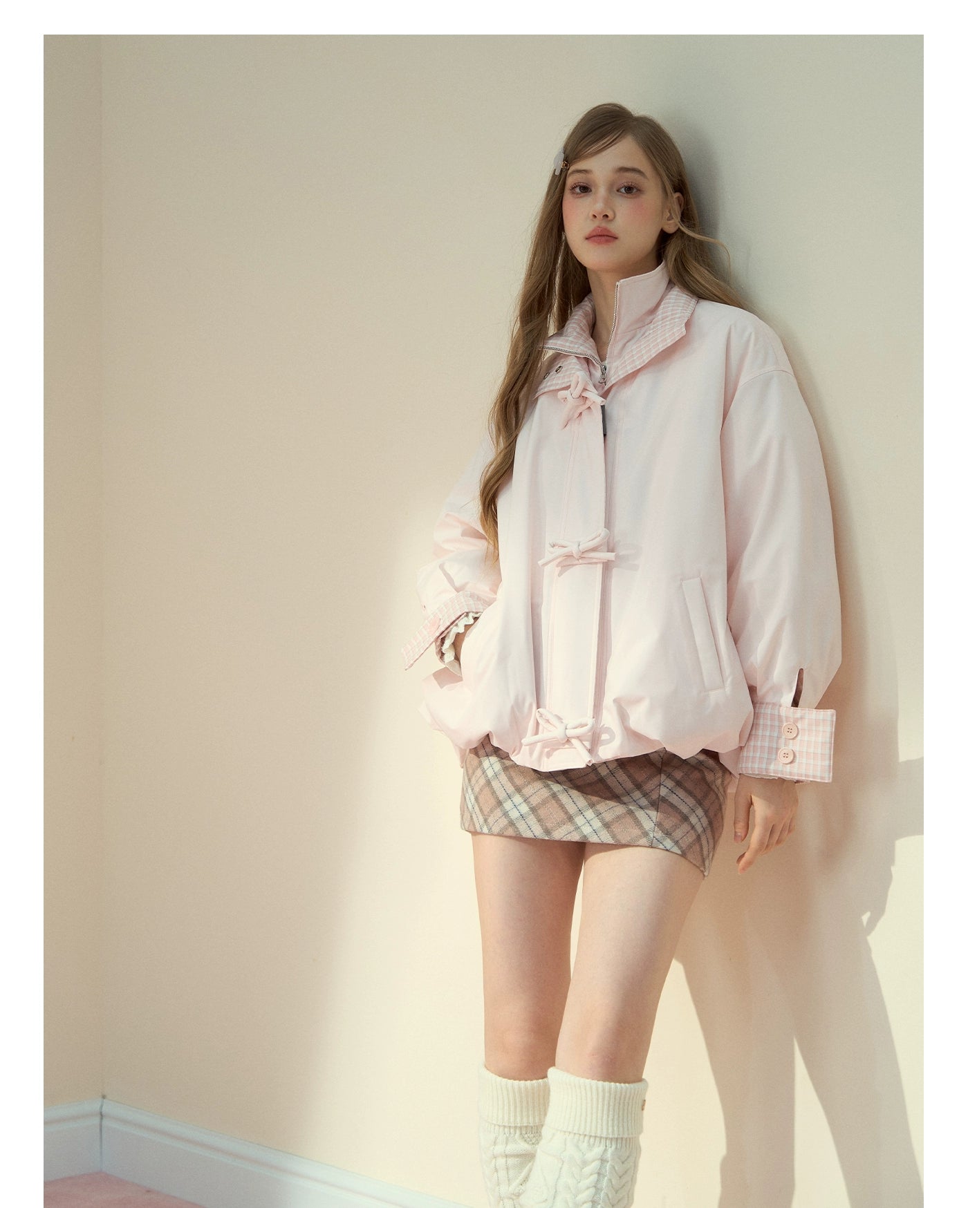 Pink Bow Check Down Jacket - CHINASQUAD