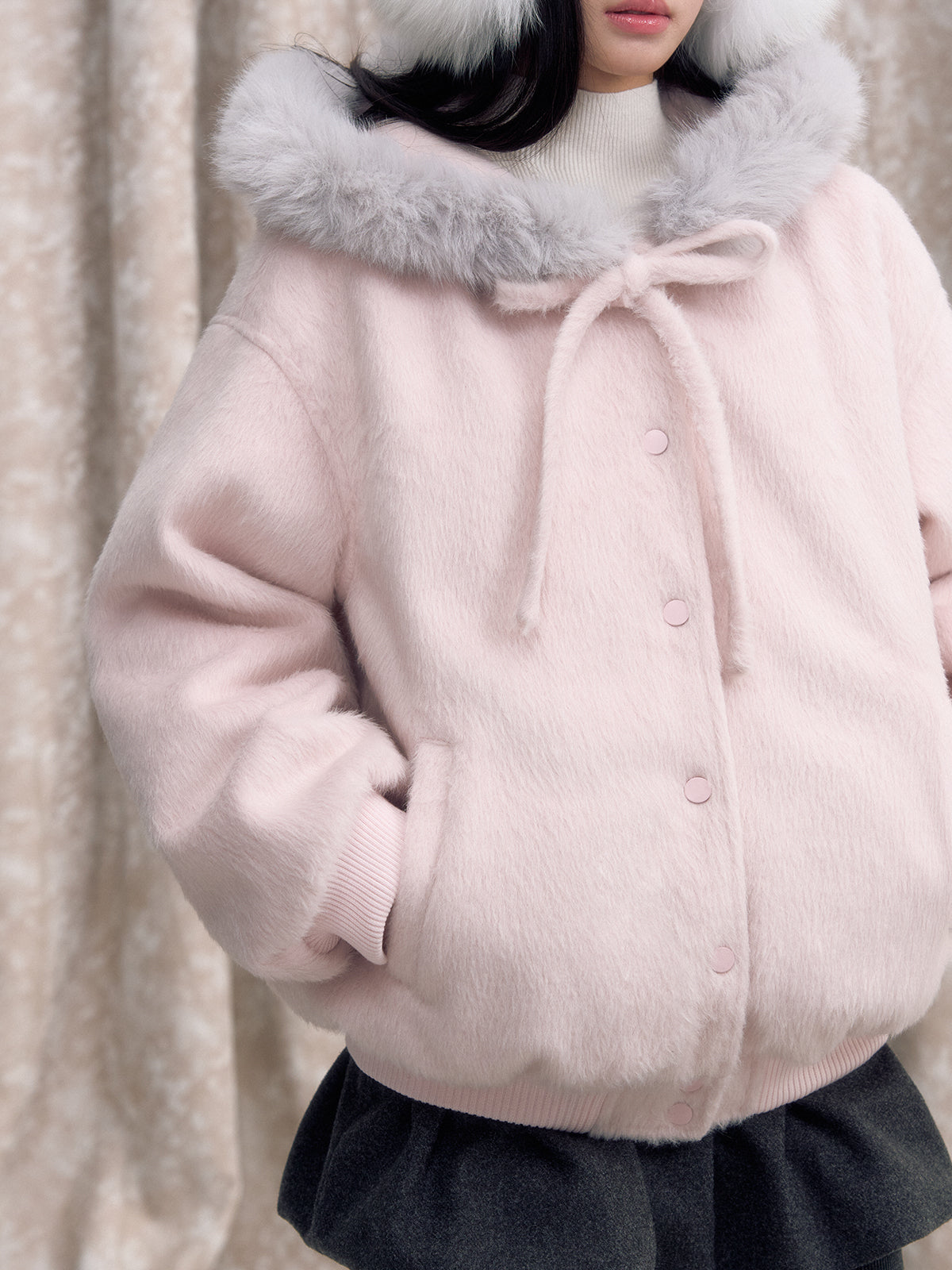 Pink Bow Tie Hooded Fur Baseball Jacket - CHINASQUAD