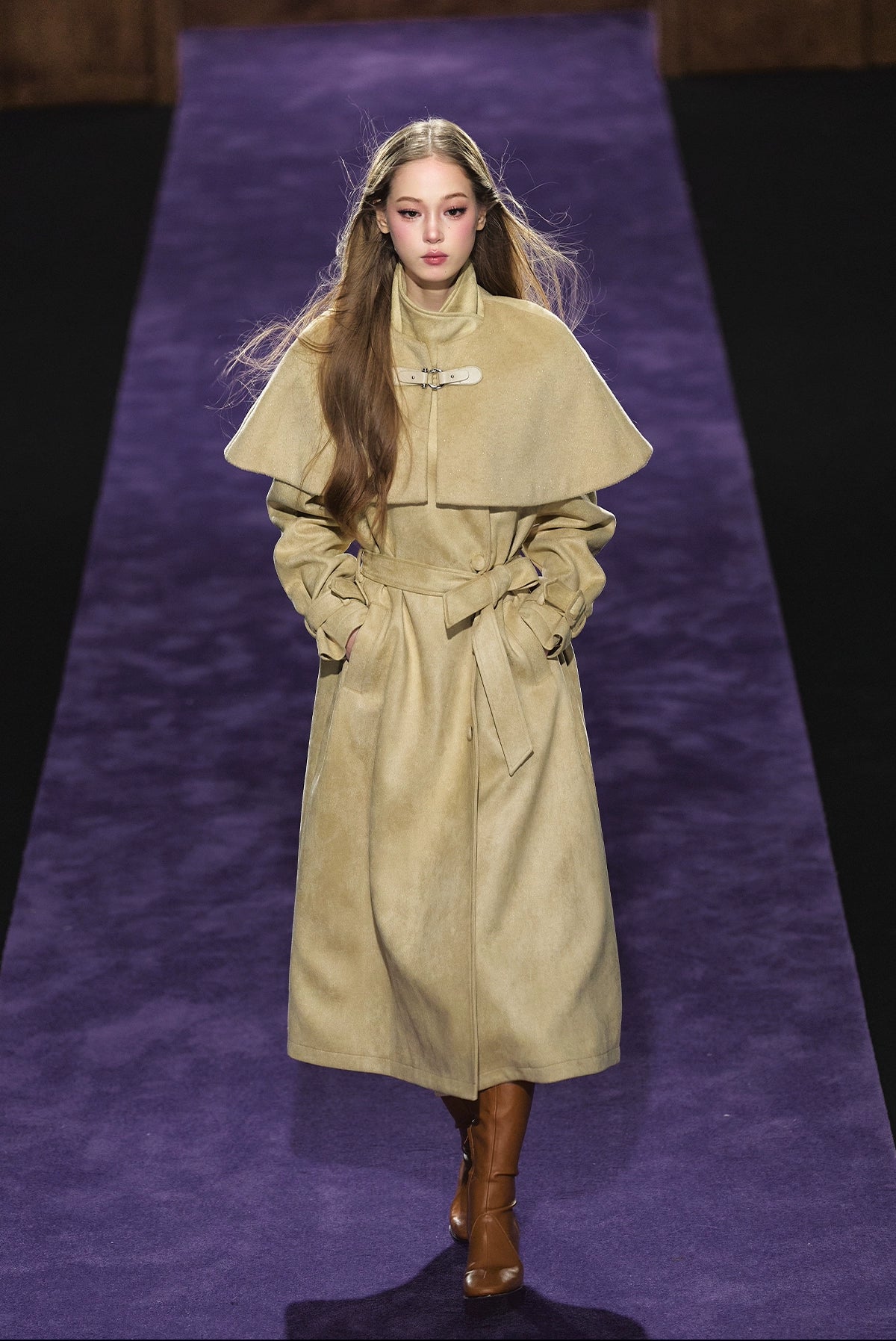 Shimmer Wool Cape Overlay & Suede Long Detachable Belt Coat