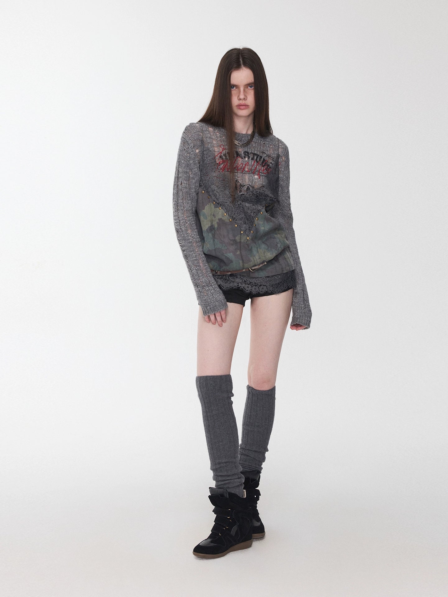 Camouflage V-Neck Lace-Trim Rhinestone Camisole - CHINASQUAD