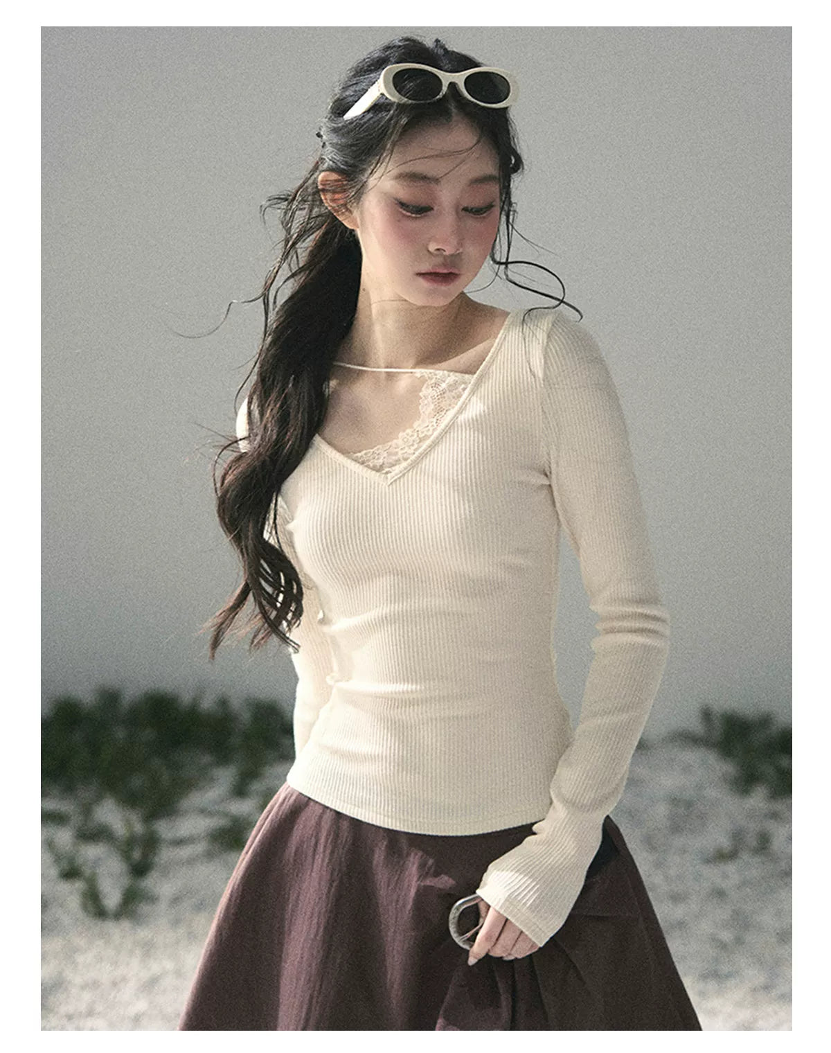 Deep V Lace Knit Top