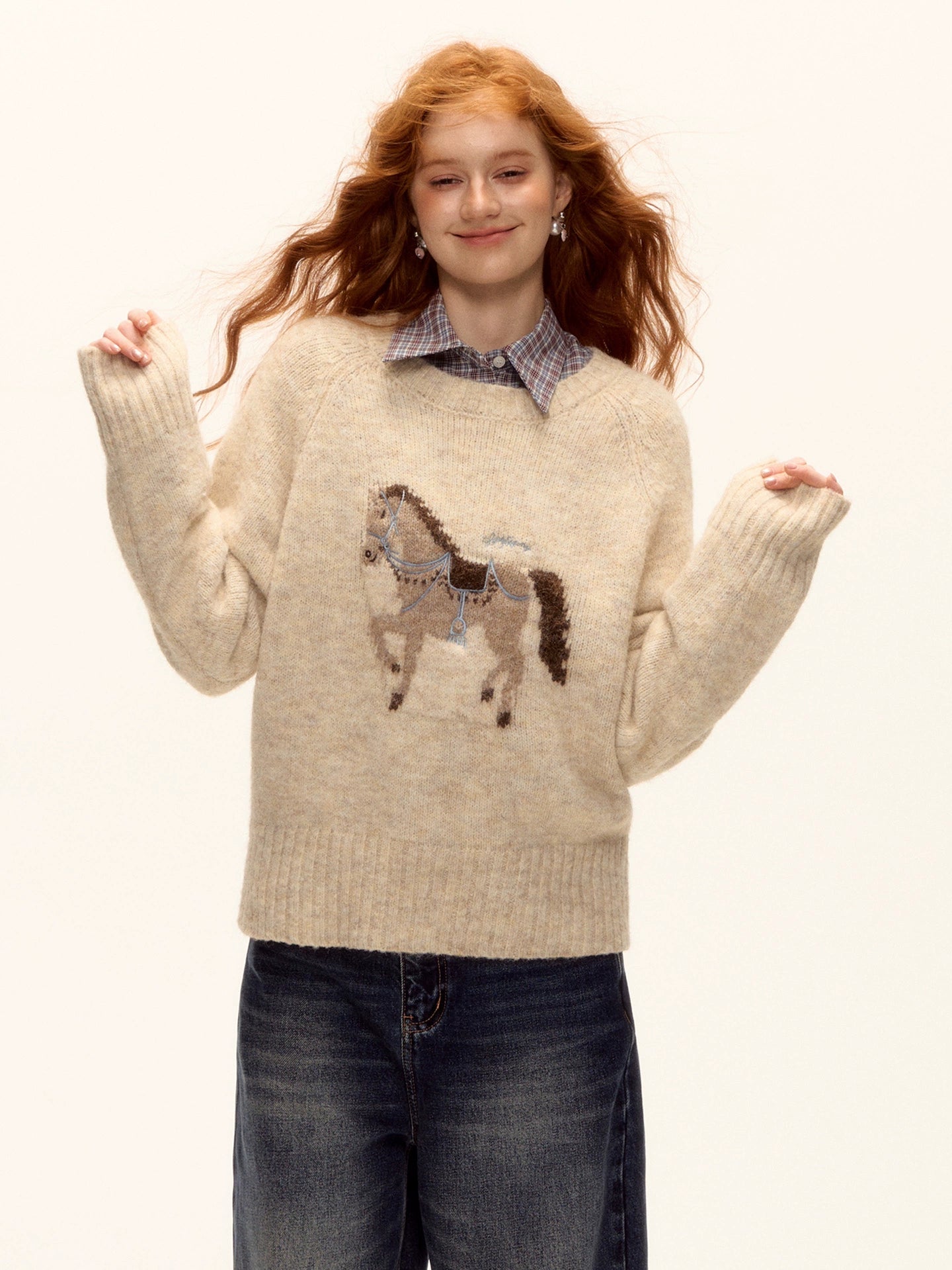 Wool Blend Horse Jacquard Embroidered Sweater