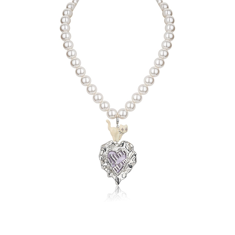 Cat Heart Enamel Pearl Necklace - CHINASQUAD