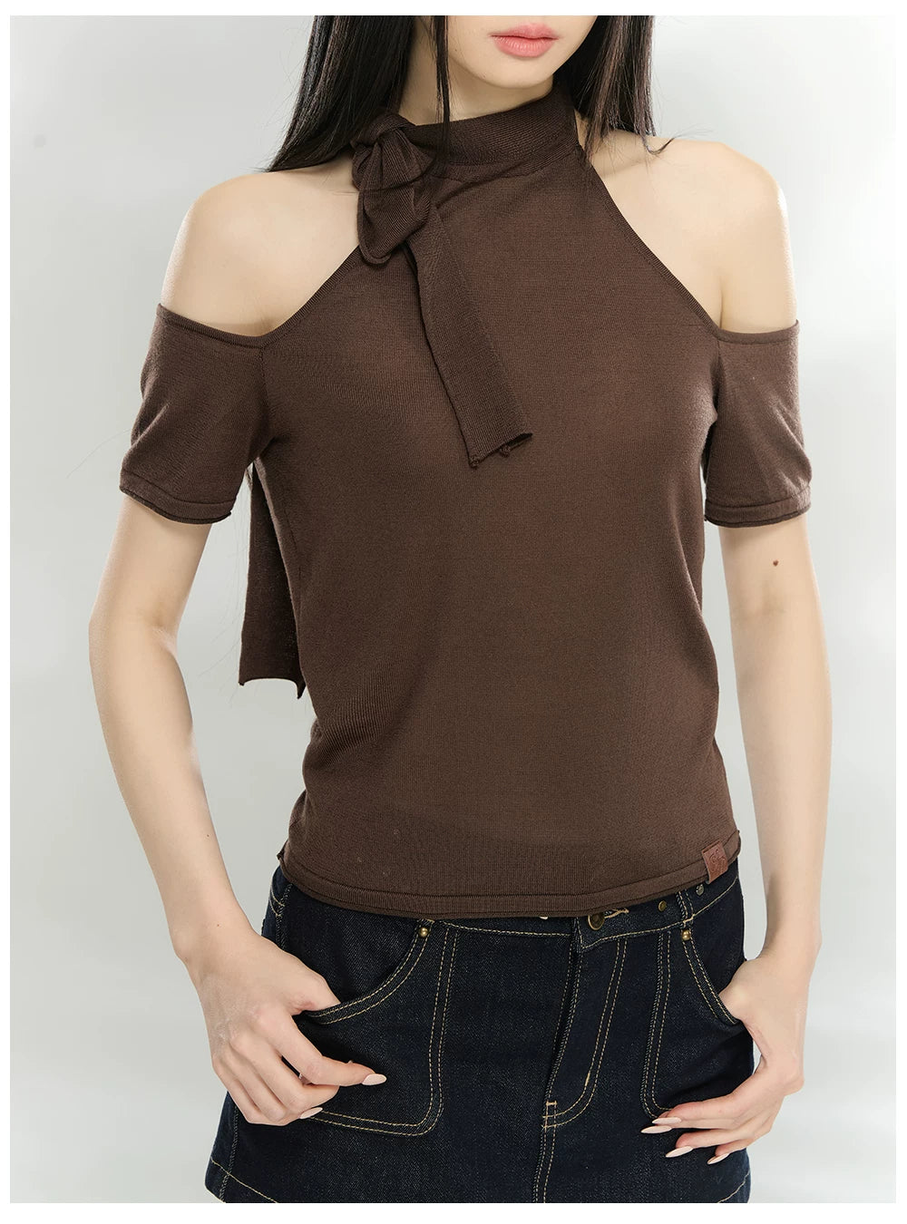 Off-Shoulder Patchwork Knit Cropped T-Shirt