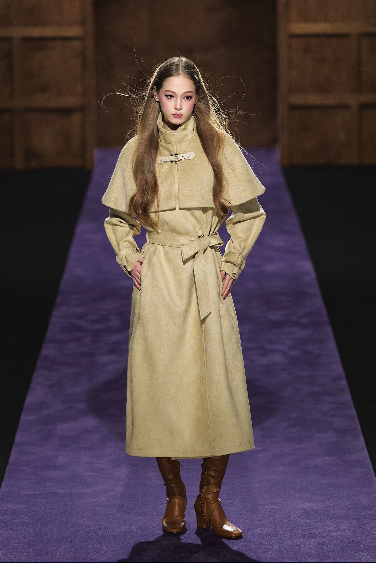 Shimmer Wool Cape Overlay & Suede Long Detachable Belt Coat