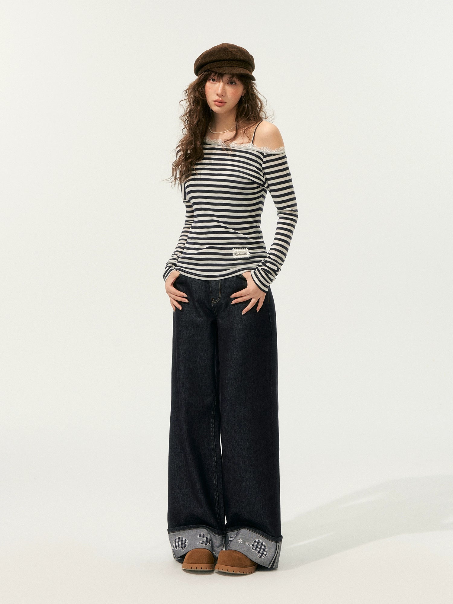 Striped Off Shoulder Fake Two-Piece T-Shirt - CHINASQUAD