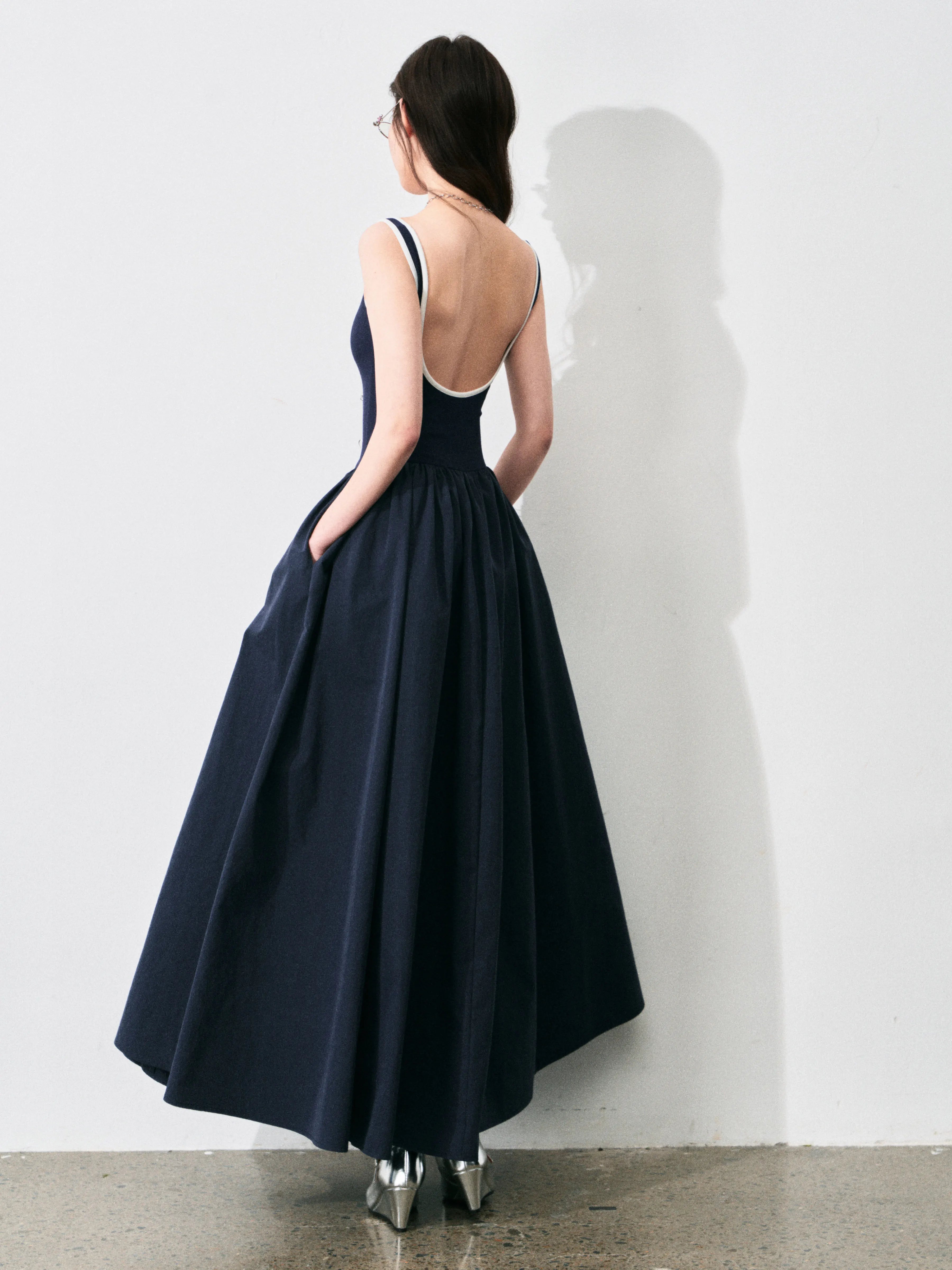 Contrast-Trim Backless Slip Maxi Dress