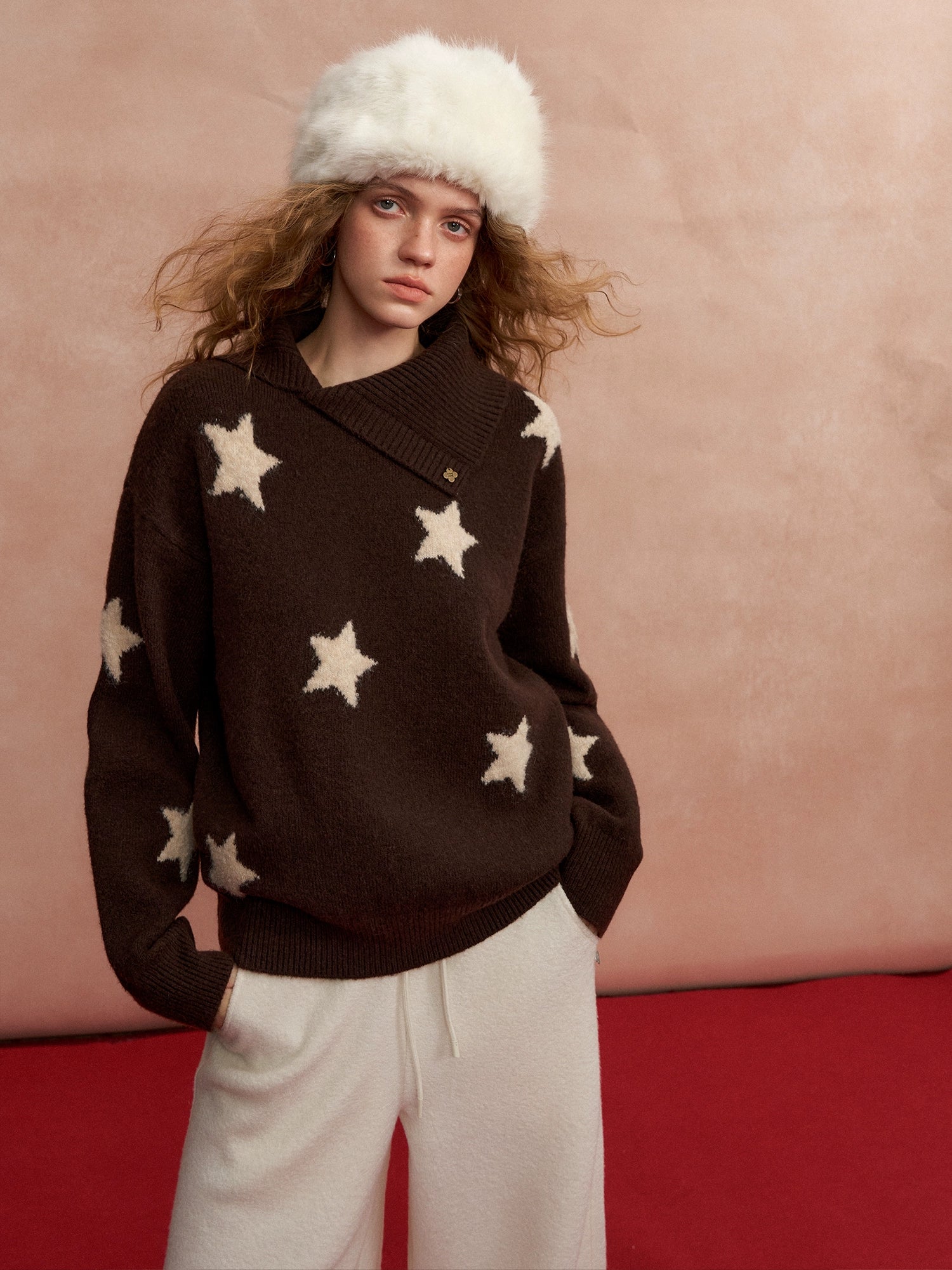 Asymmetric Star-Pattern Knit Sweater