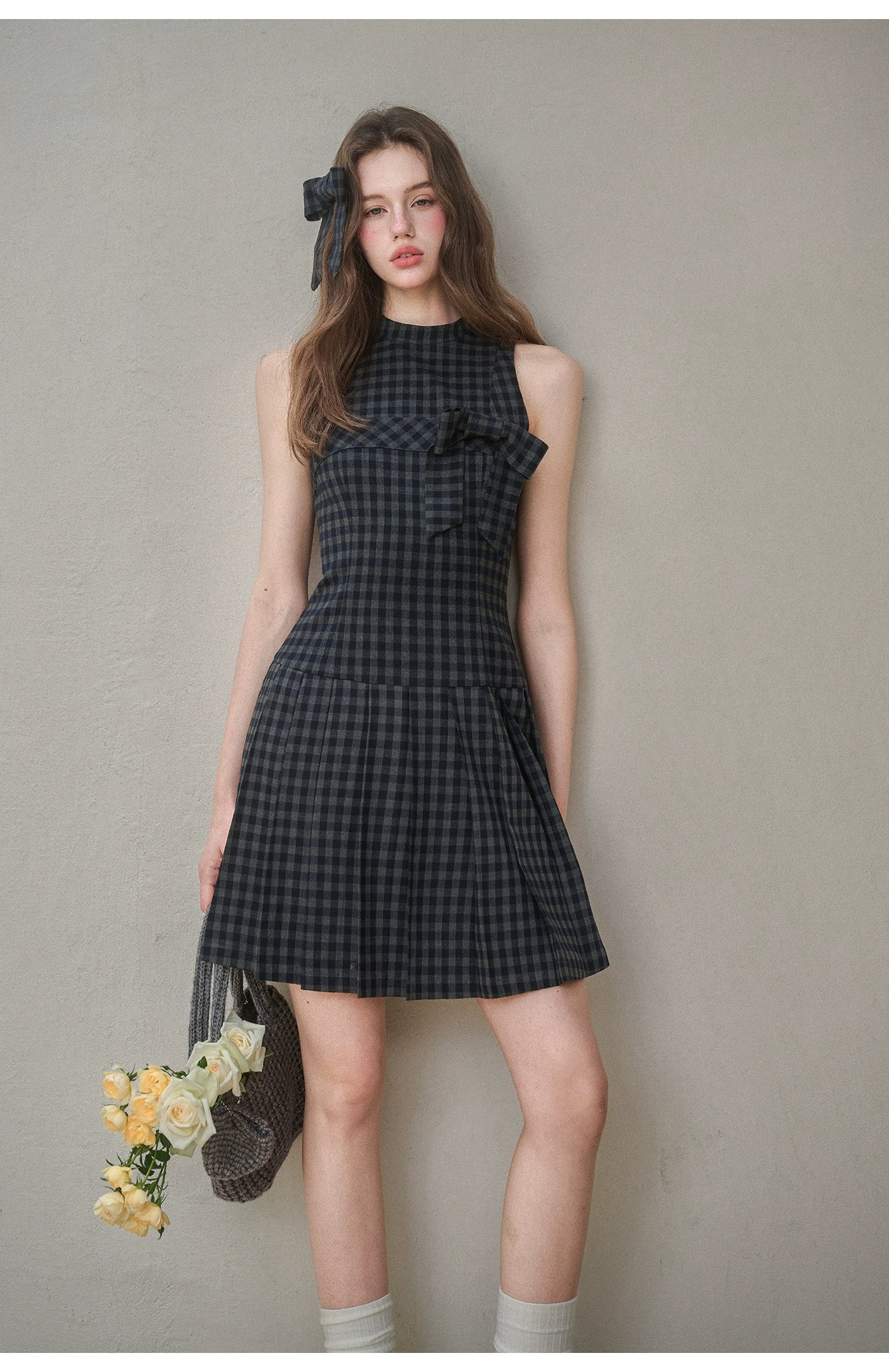 Bow Halter Checked Pleated Dress - CHINASQUAD