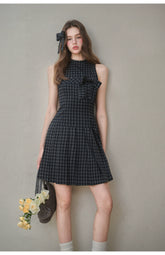 Bow Halter Checked Pleated Dress - CHINASQUAD