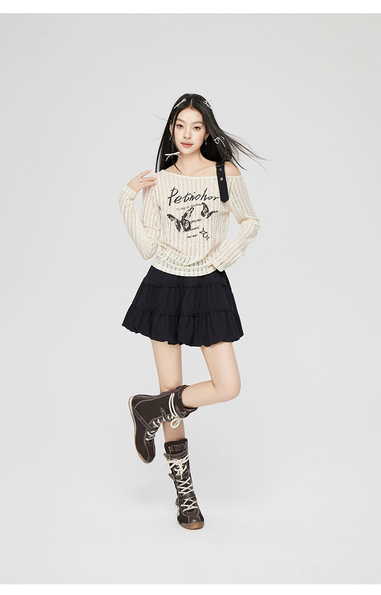 Gray & Beige Hollow Off-shoulder Long Sleeve T-shirt - CHINASQUAD