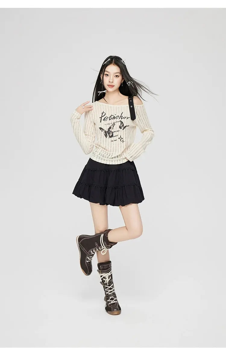 Gray & Beige Hollow Off-shoulder Long Sleeve T-shirt - CHINASQUAD