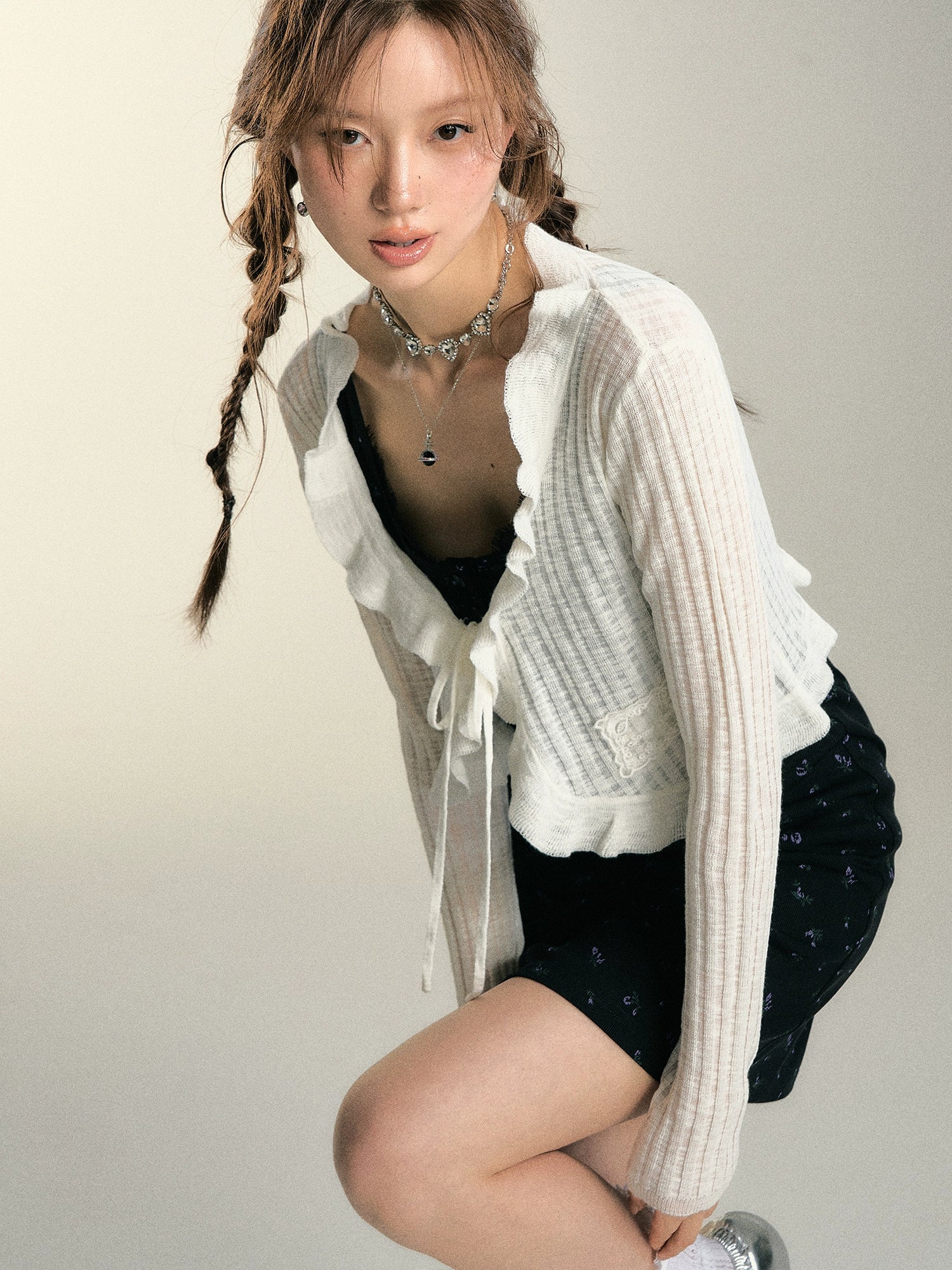 White Ruffle Edge Tie-front Cardigan - CHINASQUAD