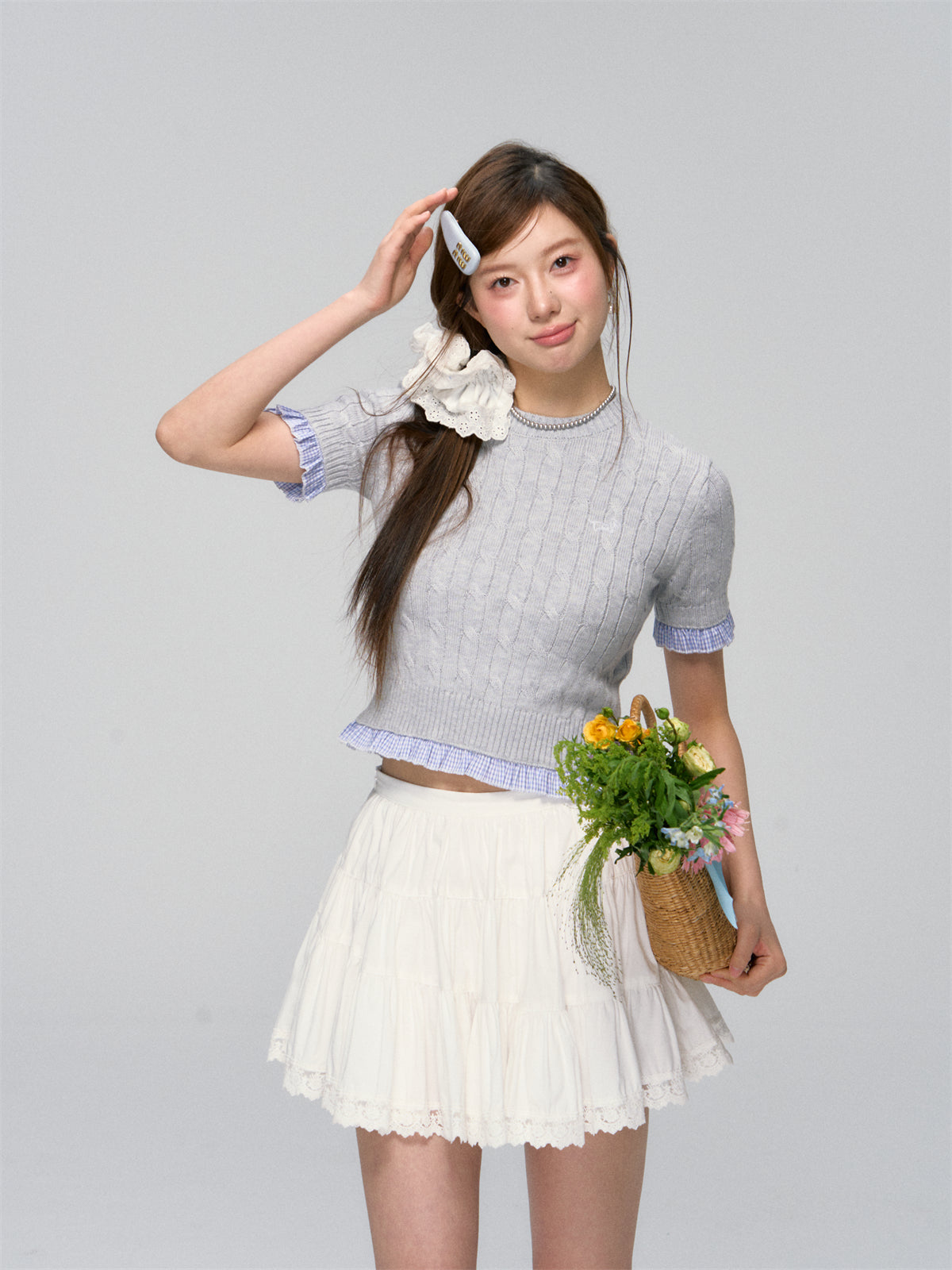 Ruffled Edge Cable Knit Short-Sleeve Top - CHINASQUAD