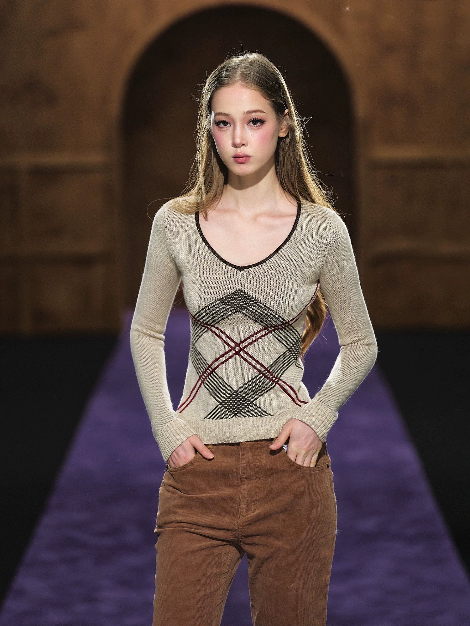 Vintage Check Contrast Slim-Fit Knit Crewneck