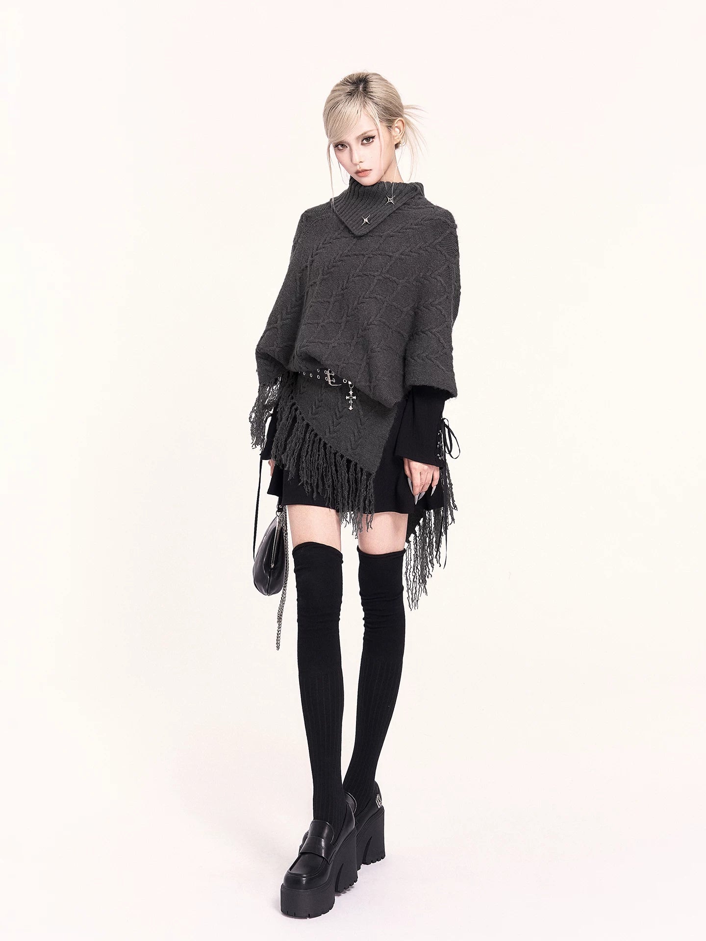 Asymmetric Turtleneck Knit Cape