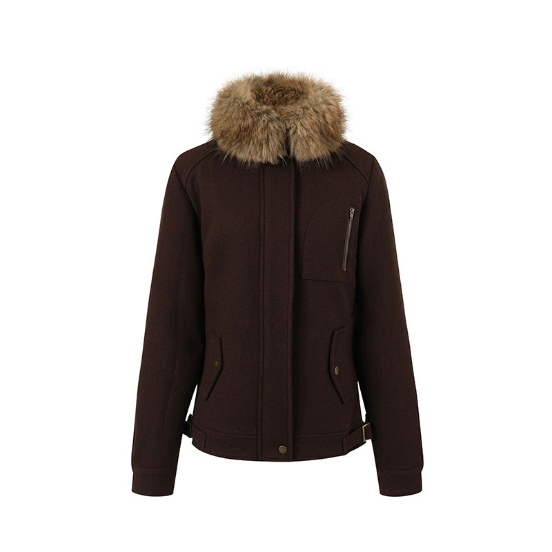 Brown Faux Fur Collar Slim Wool Jacket - CHINASQUAD