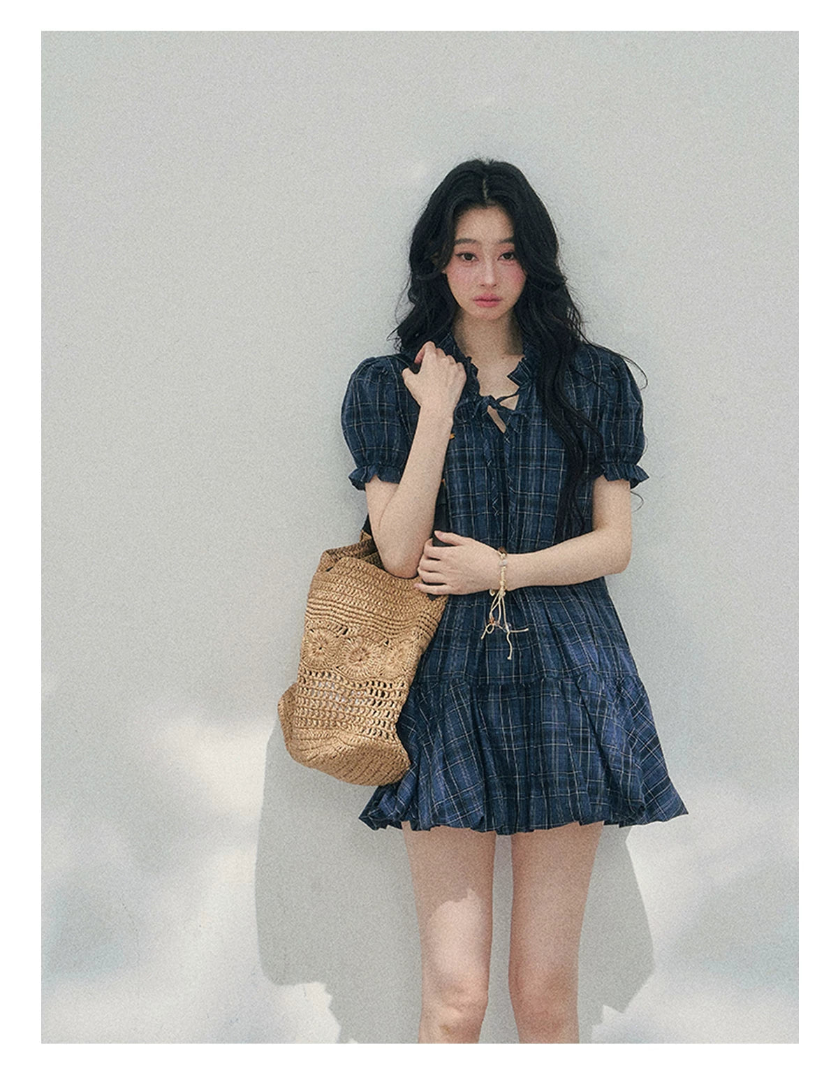 French Plaid Puff Sleeve Mini Dress