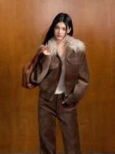 Vintage Brown Suede Jacket with Removable Fur Collar - CHINASQUAD