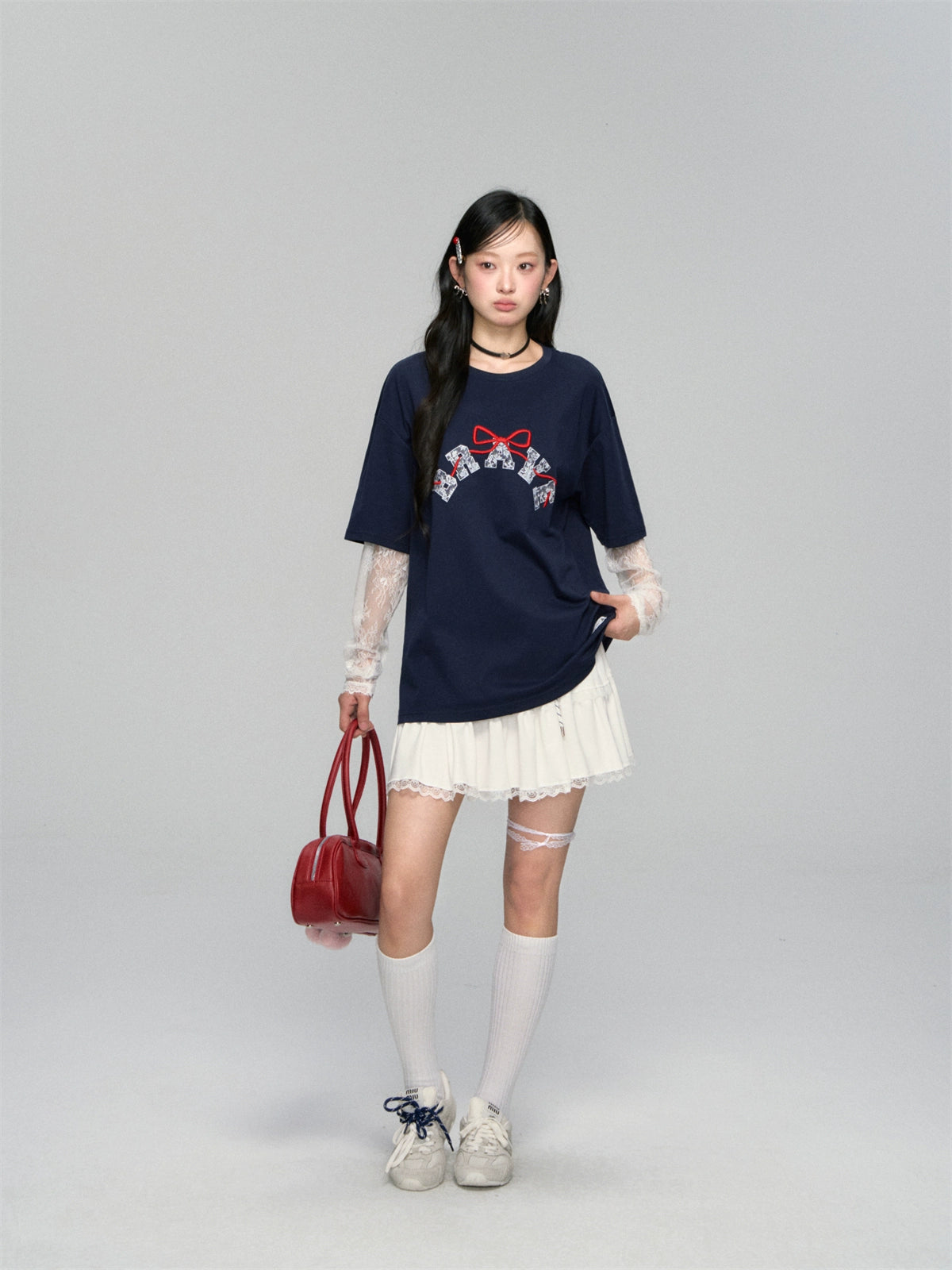 Lace-spliced Alphabet Bow T-shirt - CHINASQUAD