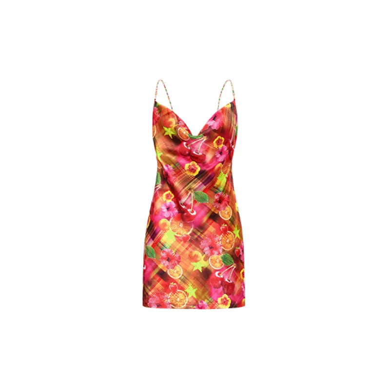 ”Summer Fruit“ Chain Backless Satin Spaghetti Strap Dress - CHINASQUAD