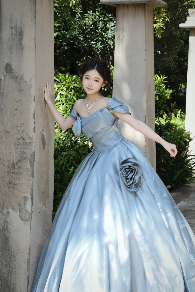 Satin Off-Shoulder Gown with Sculpted Roses