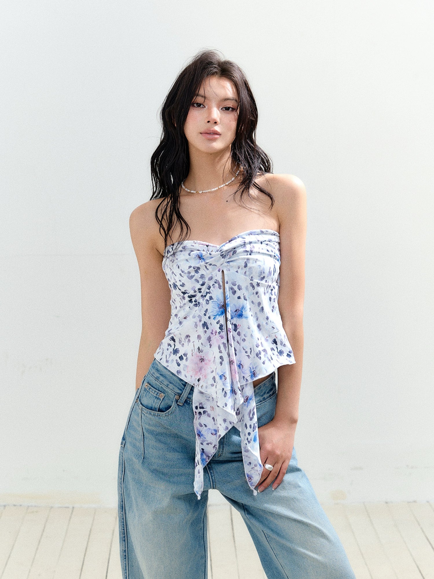 Knotted Asymmetric Hem Tube Blouse - CHINASQUAD