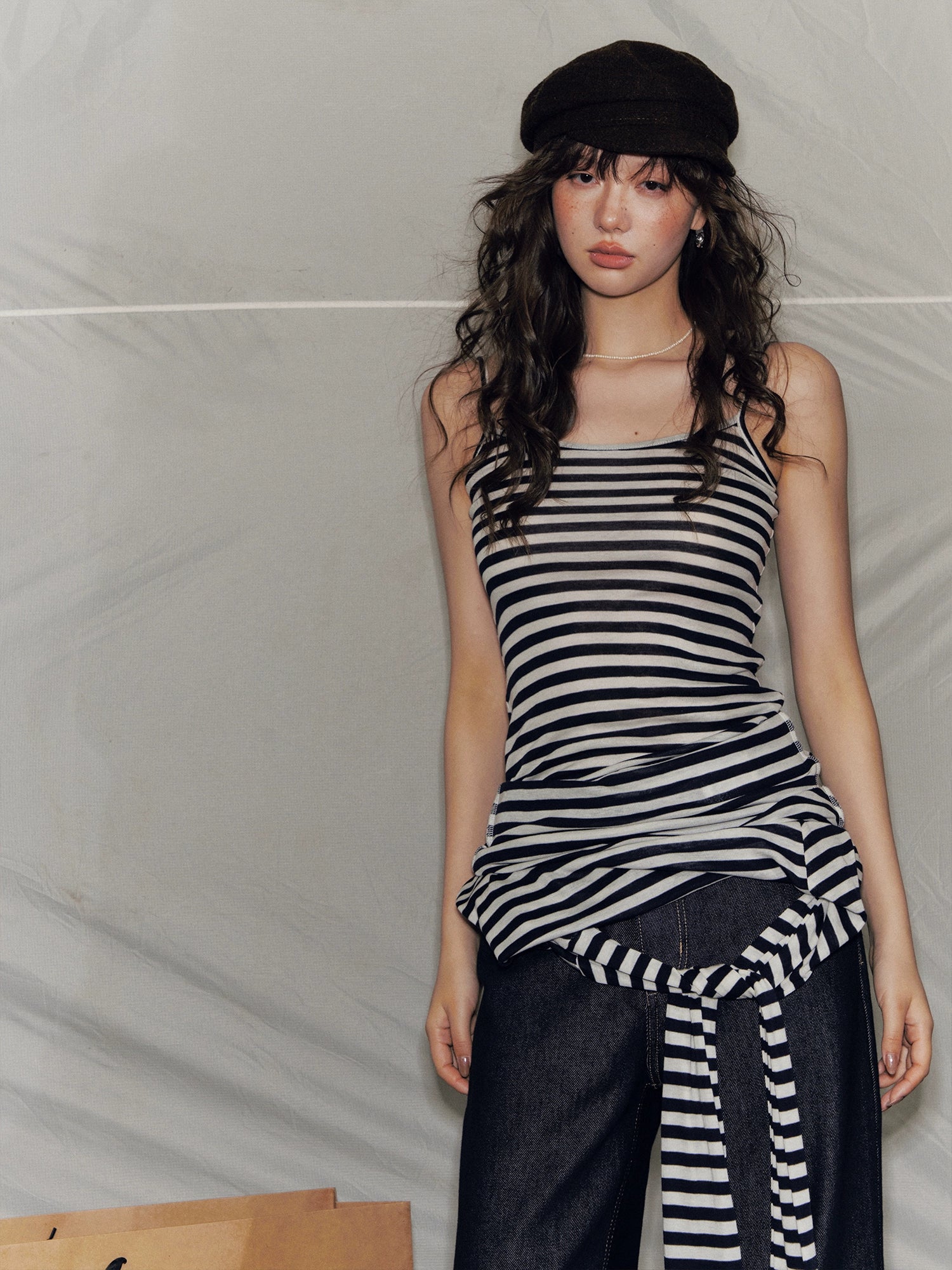 Striped Off Shoulder Fake Two-Piece T-Shirt - CHINASQUAD