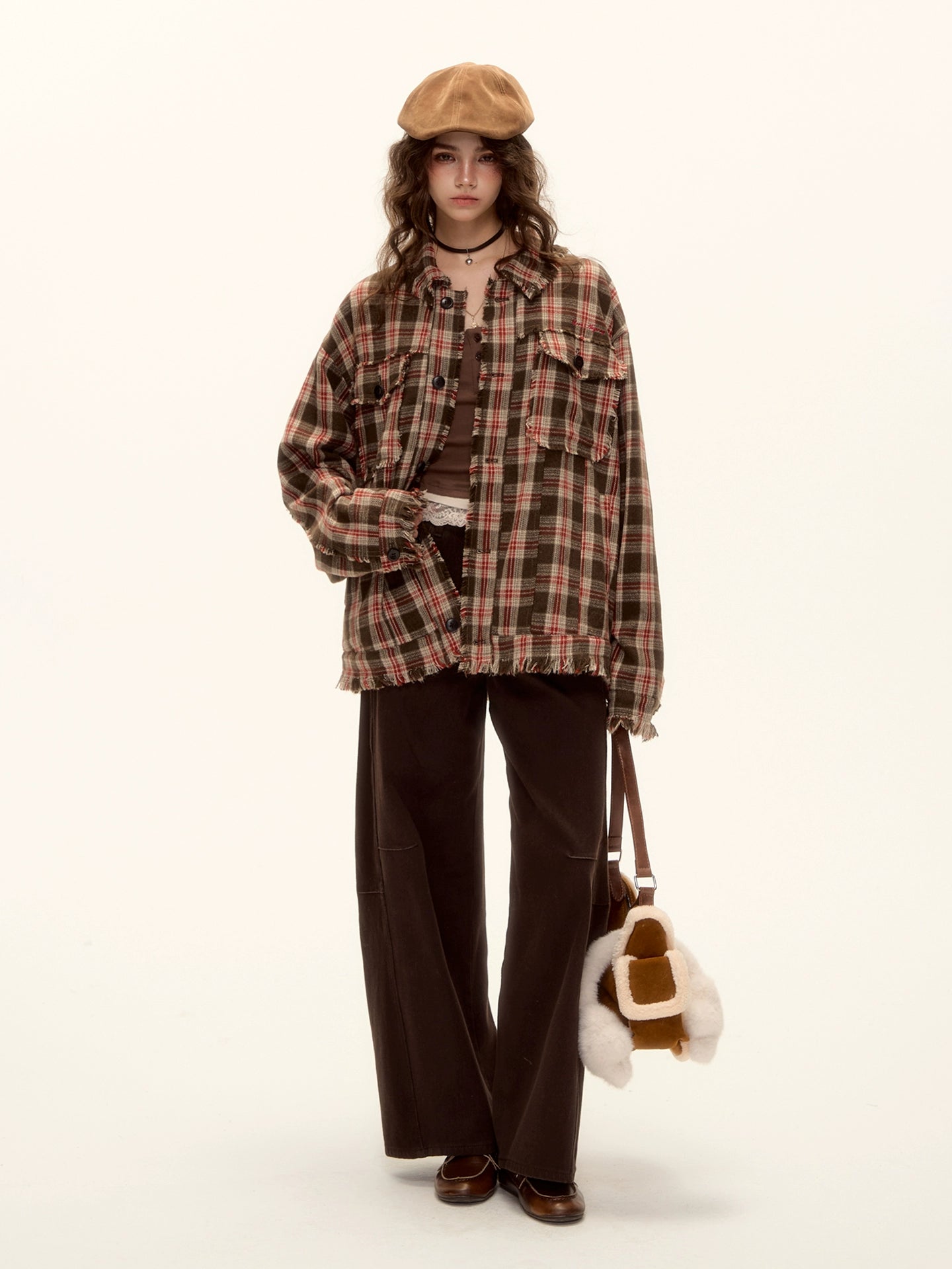Wool Blend Checkered Contrast Fringe Shirt
