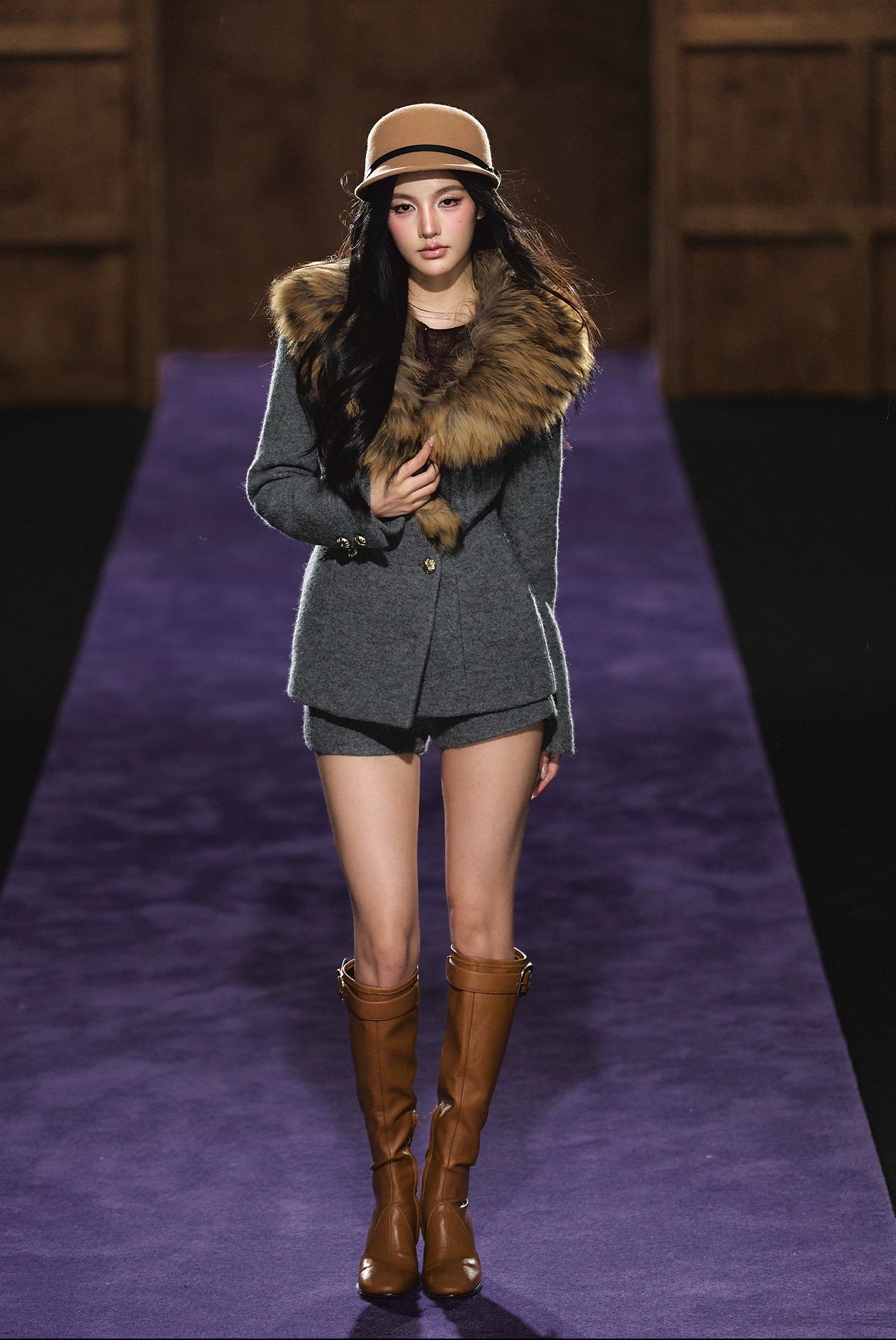 Detachable Fur Collar Wool Tailored Blazer & Shorts Set