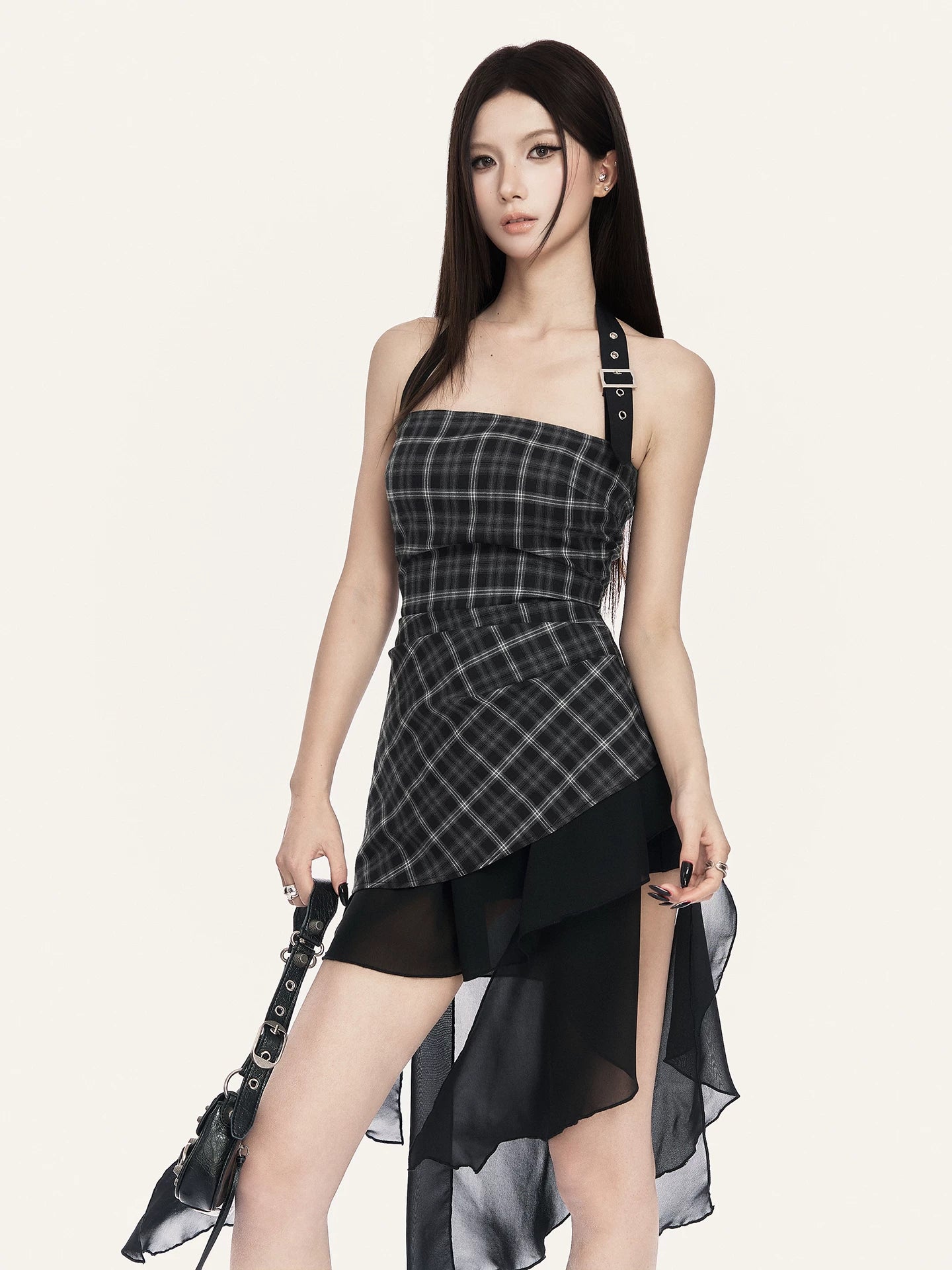 Romantic Asymmetric Ruffle Halter Plaid Bustier