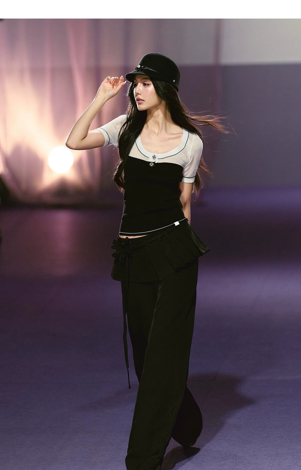 Semi-sheer Sparkly Color-block Short-sleeve Top