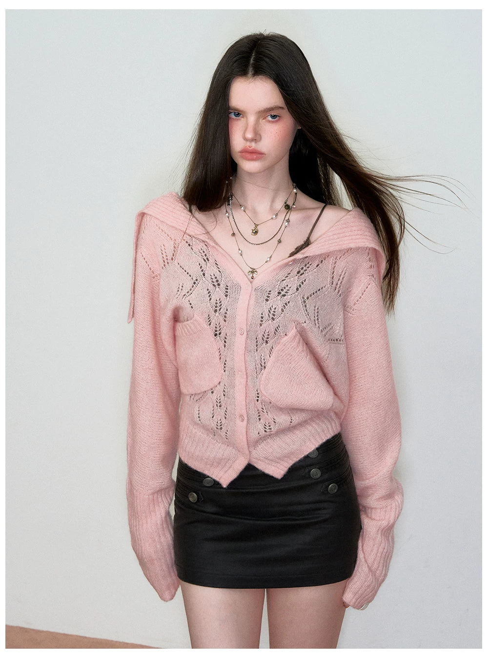 Cut-Out Collared Relaxed Wool Knit Cardigan