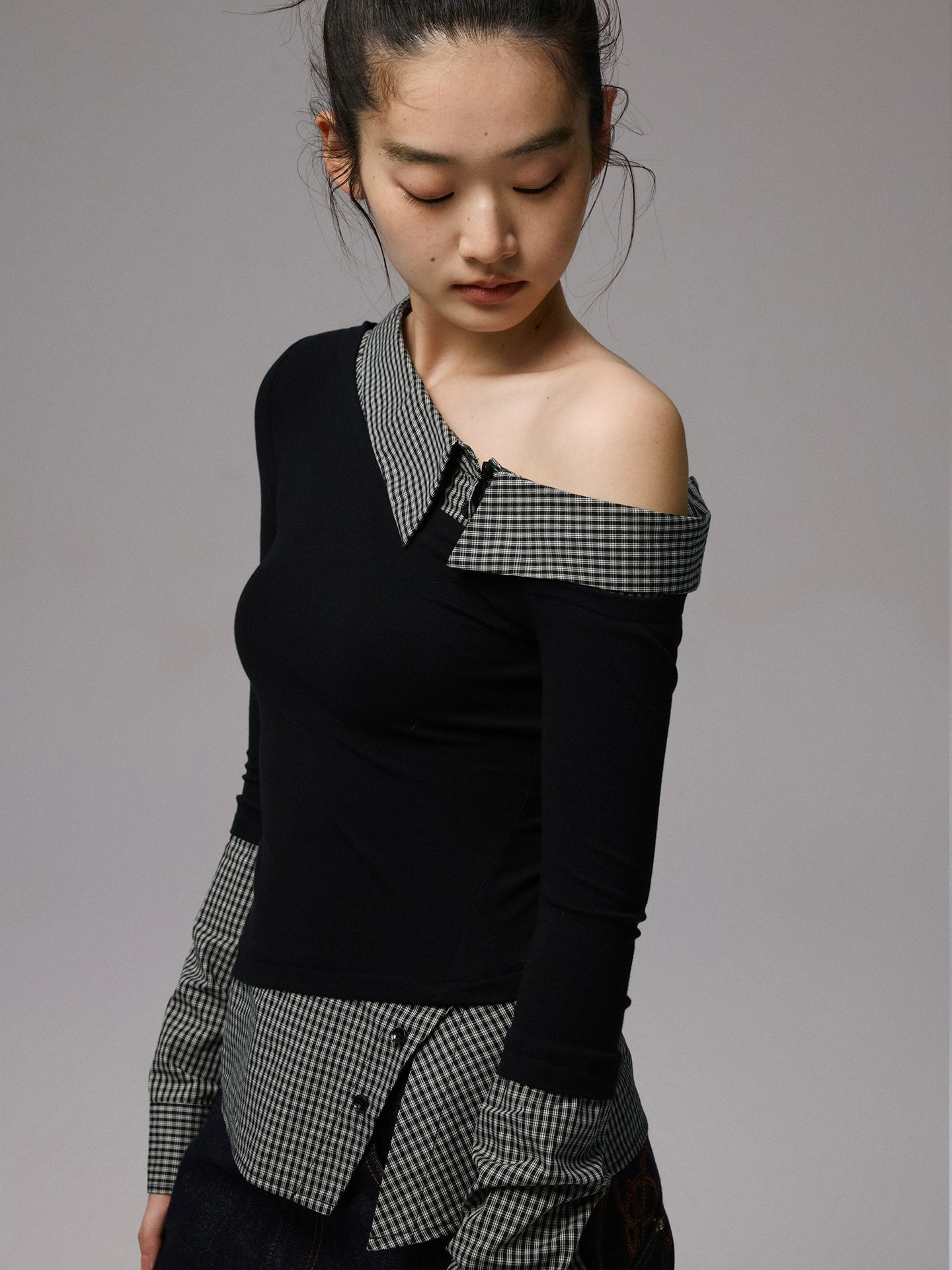 Asymmetric Collar Fake Two-Piece Fitted Blouse - CHINASQUAD