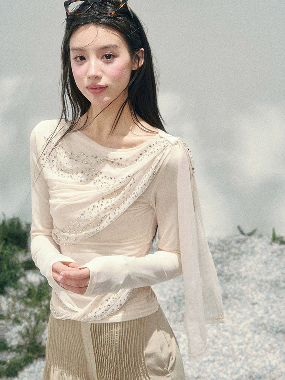 She Kissed Frost Rhinestone Sheer Top