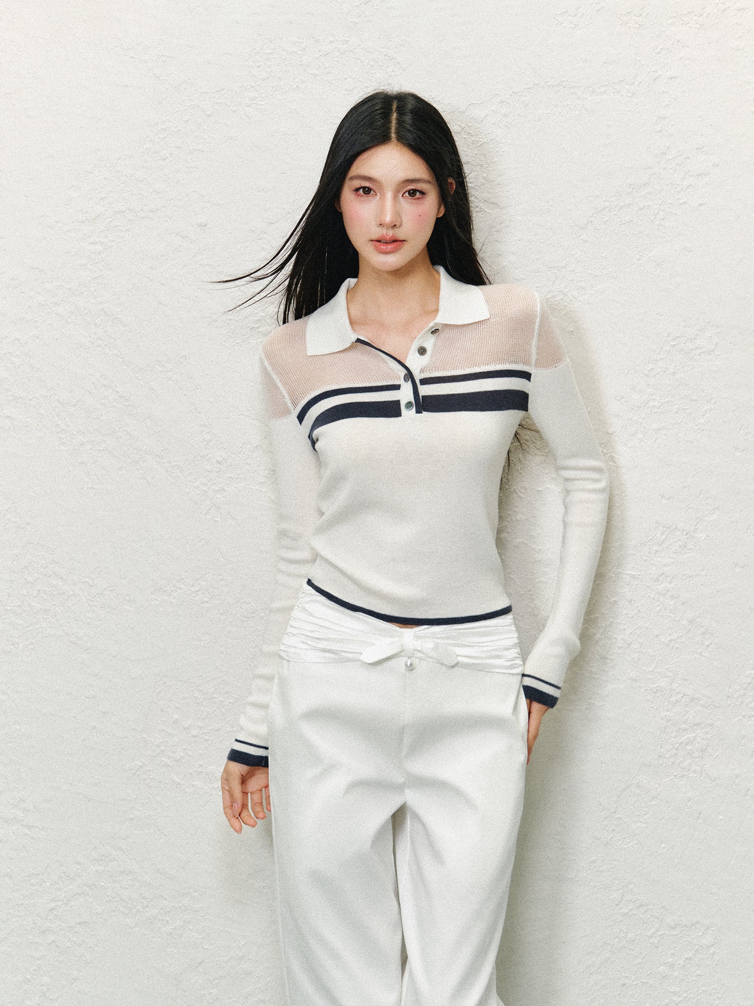 Off-Shoulder Colorblock Polo Long Sleeve Top - CHINASQUAD