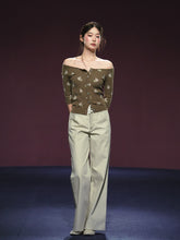Floral Pattern Off-shoulder Mosaic Knit Cardigan - CHINASQUAD