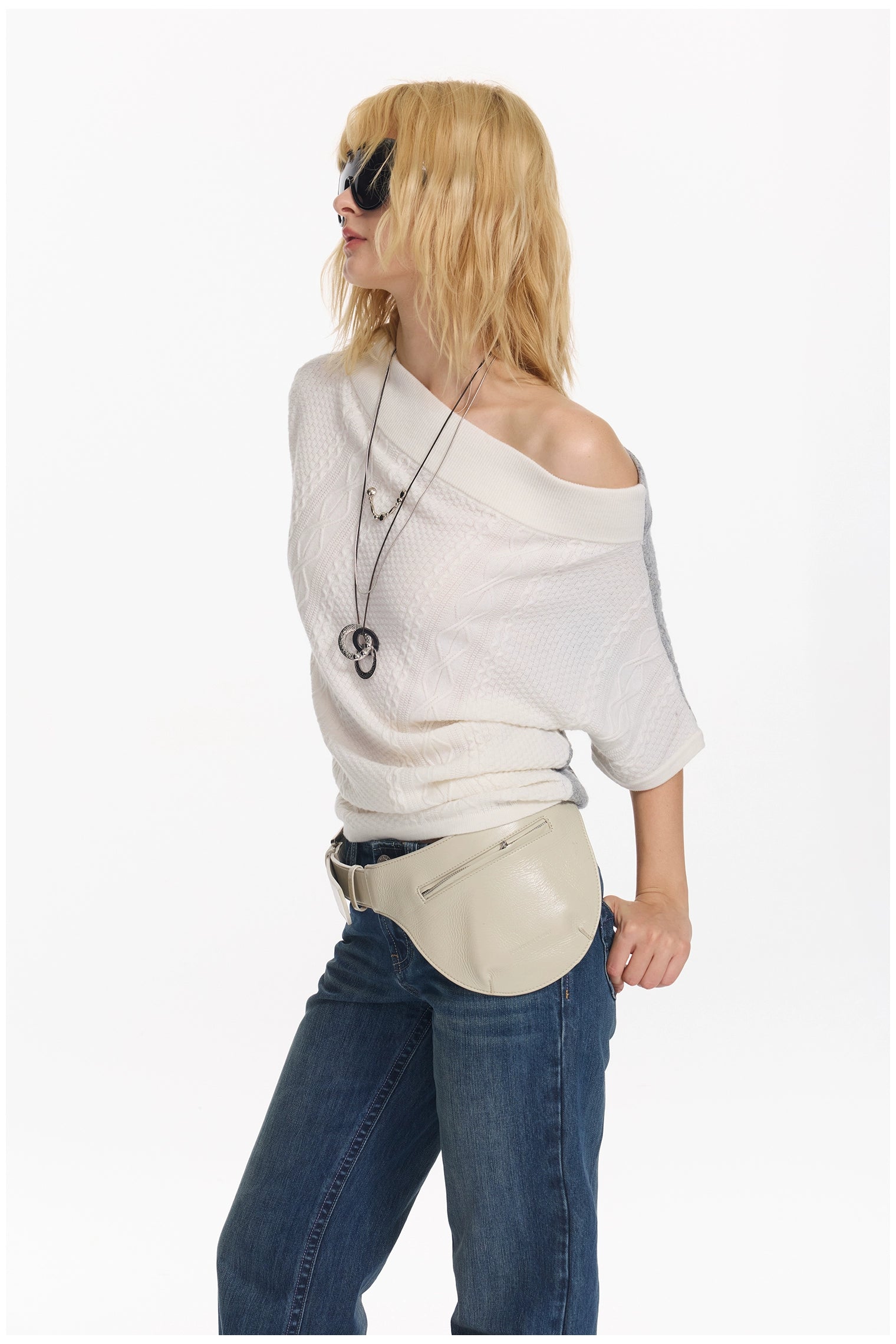 Diagonal Bat-Sleeve Knit Crewneck