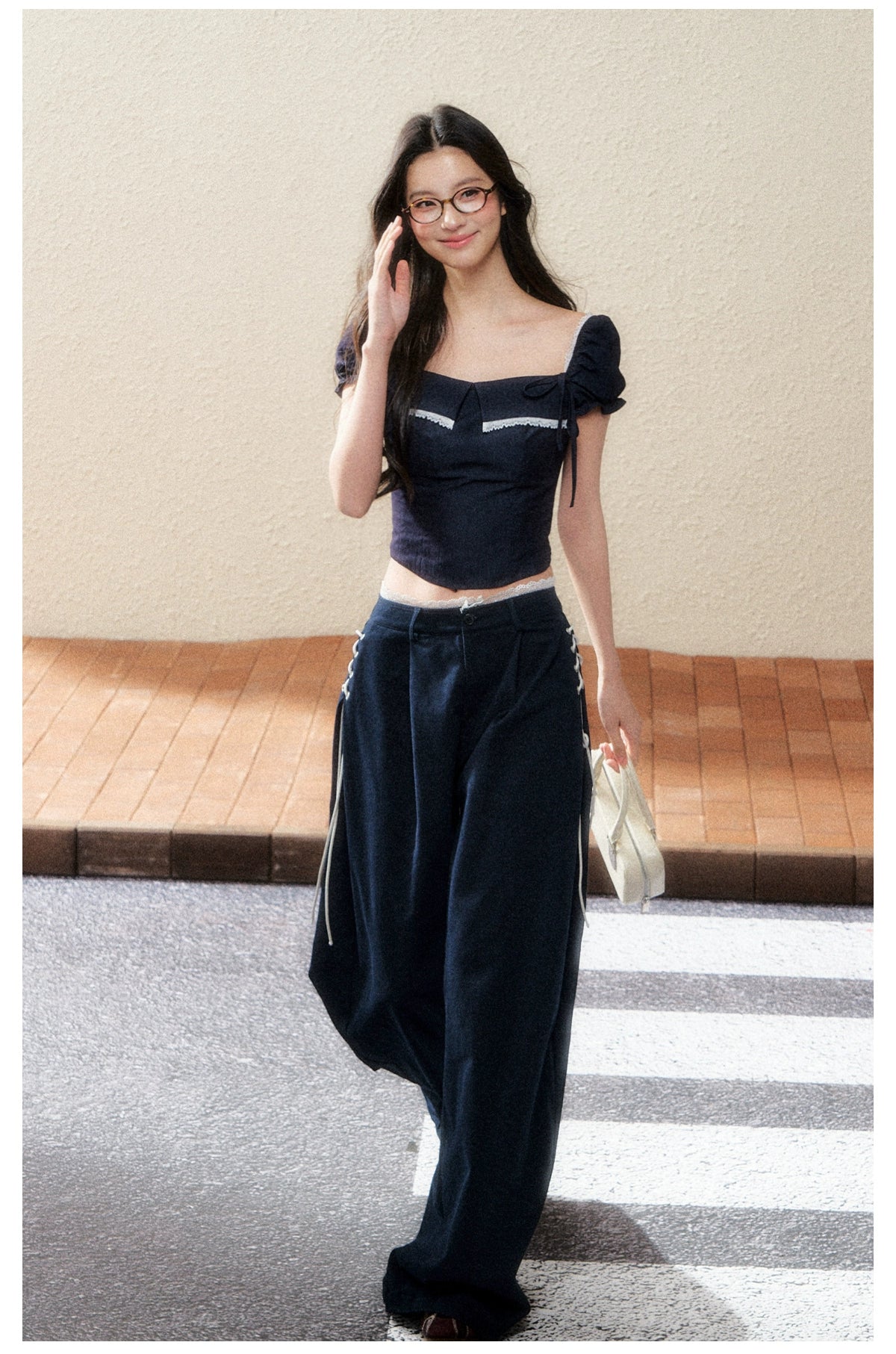 Midnight Square-Neck Puff Sleeve Crop Blouse - CHINASQUAD