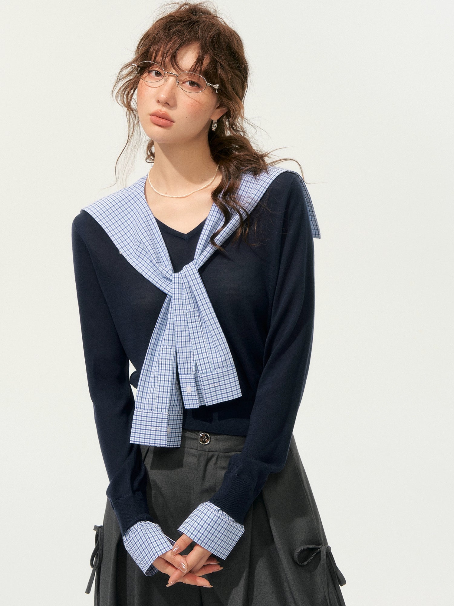 Fake Two-Piece Twist-Knot Spliced V-Neck Knit Top - CHINASQUAD