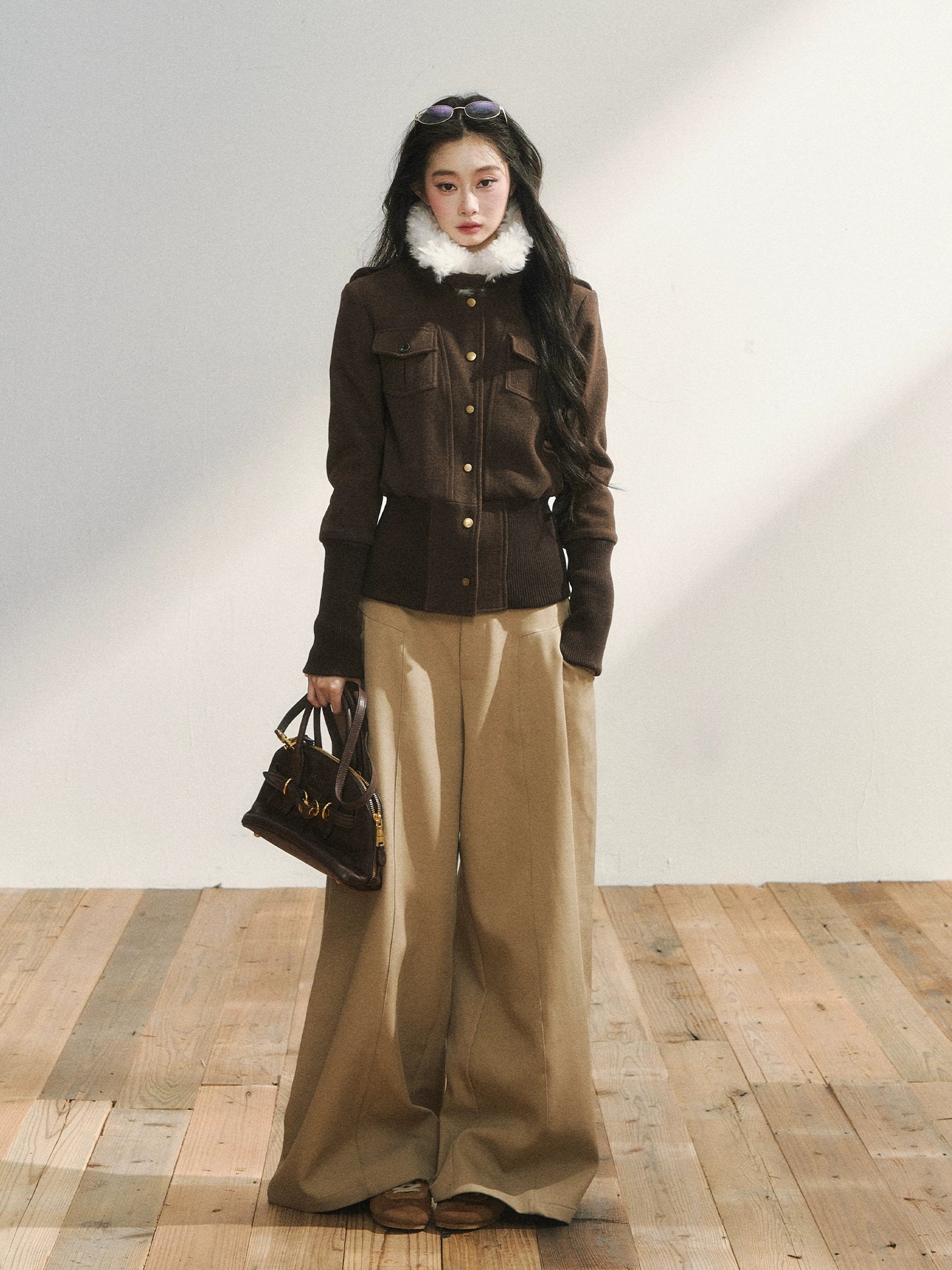 Khaki Tailored Low-Waist Wide-Leg Trousers - CHINASQUAD