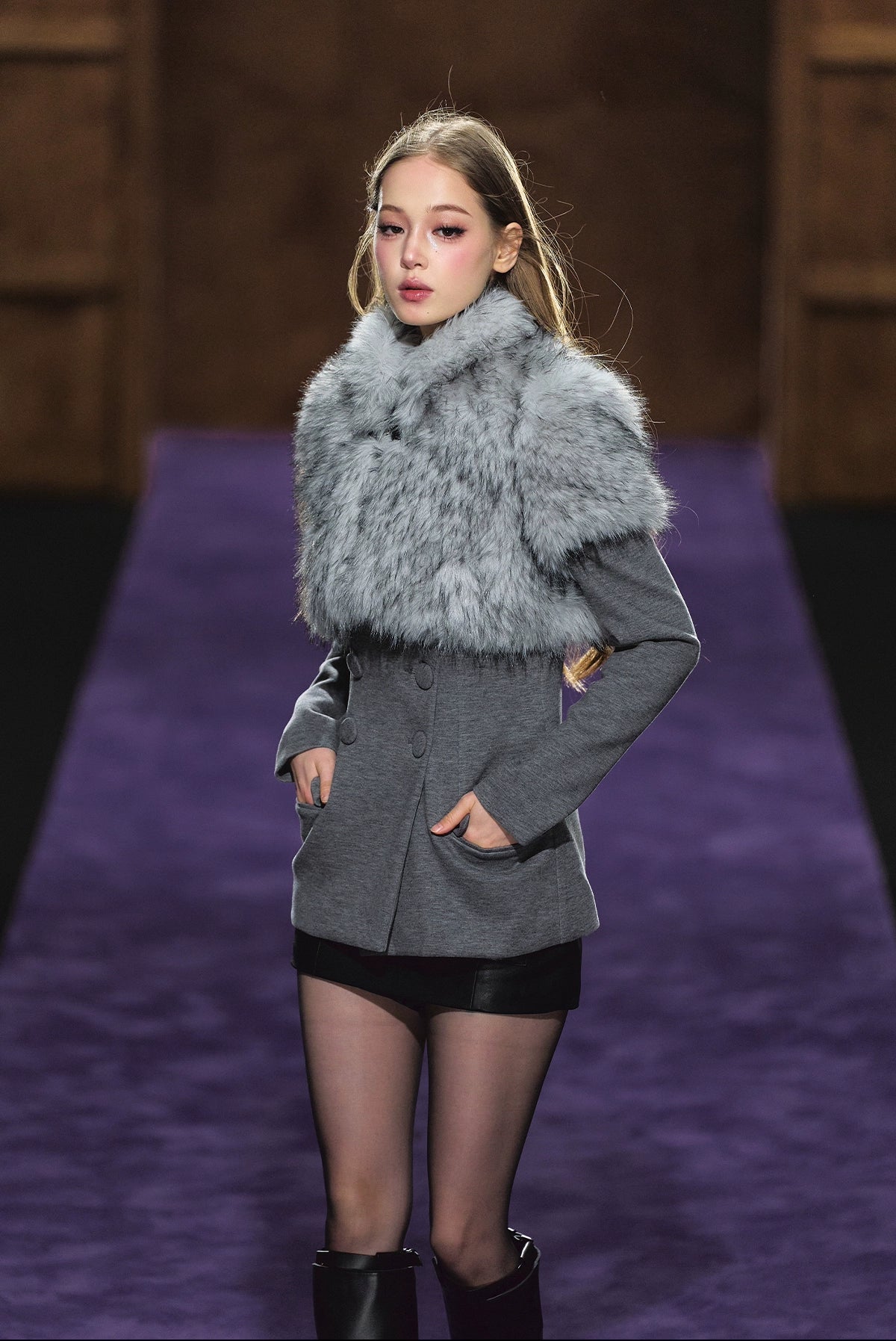 Faux Fur Collar Layered Double-Breasted Blazer Set