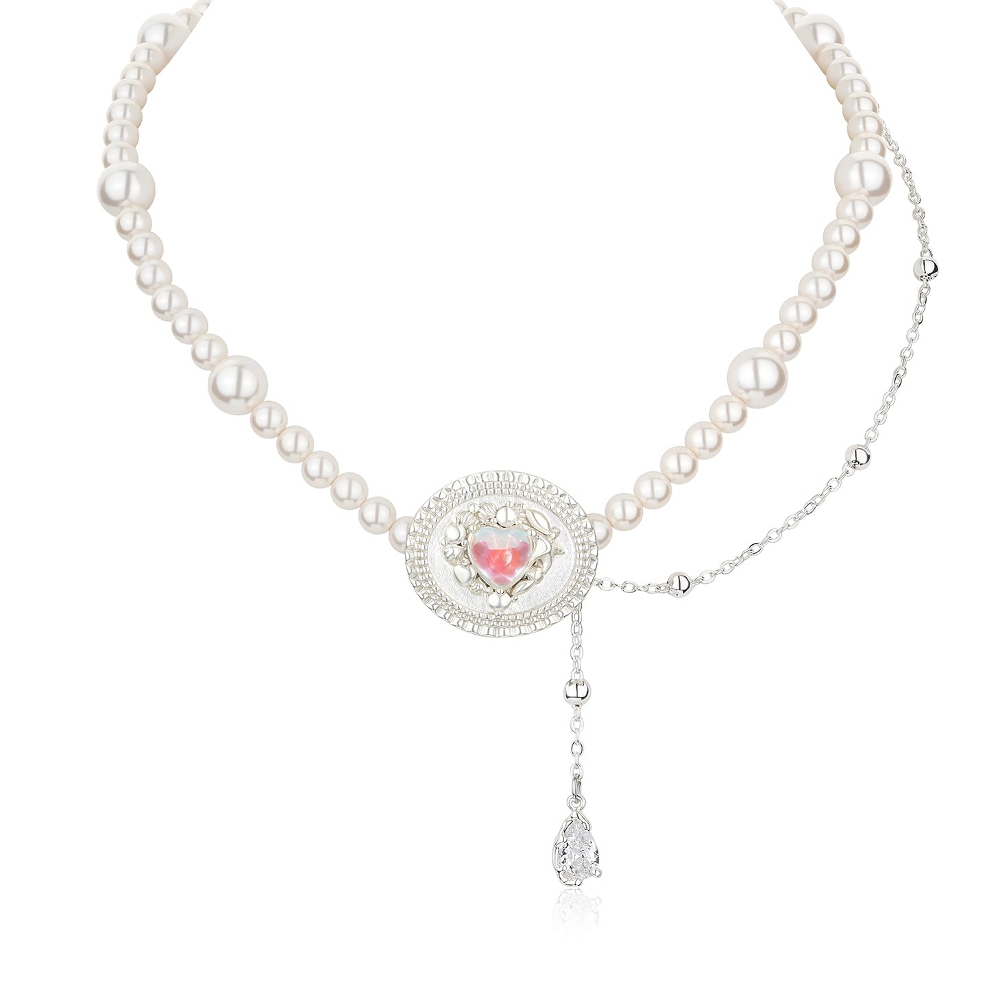 Silver Opal Heart & Pearl Necklace