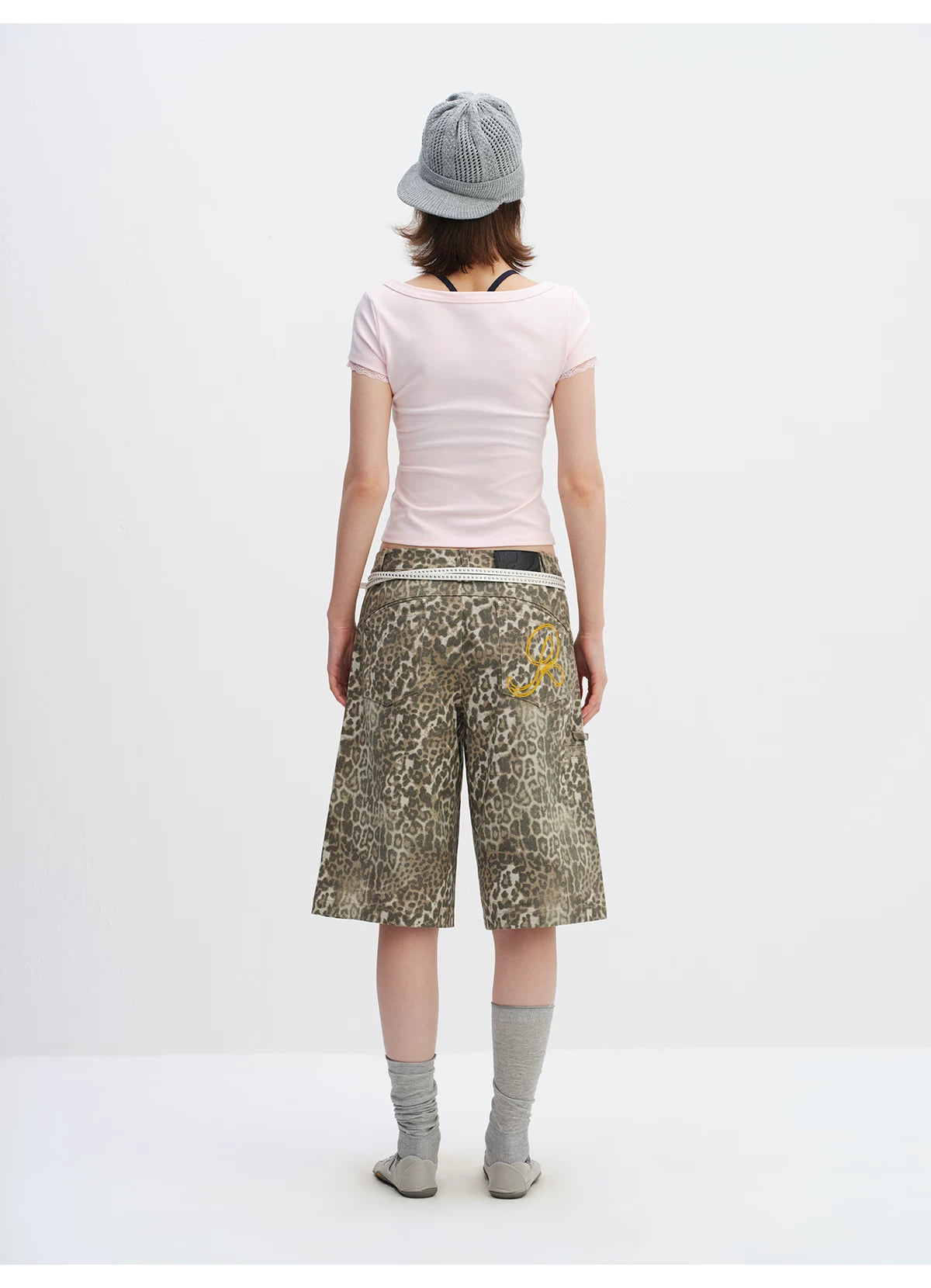 Vintage Leopard Print Relaxed Wide-Leg Bermuda Shorts