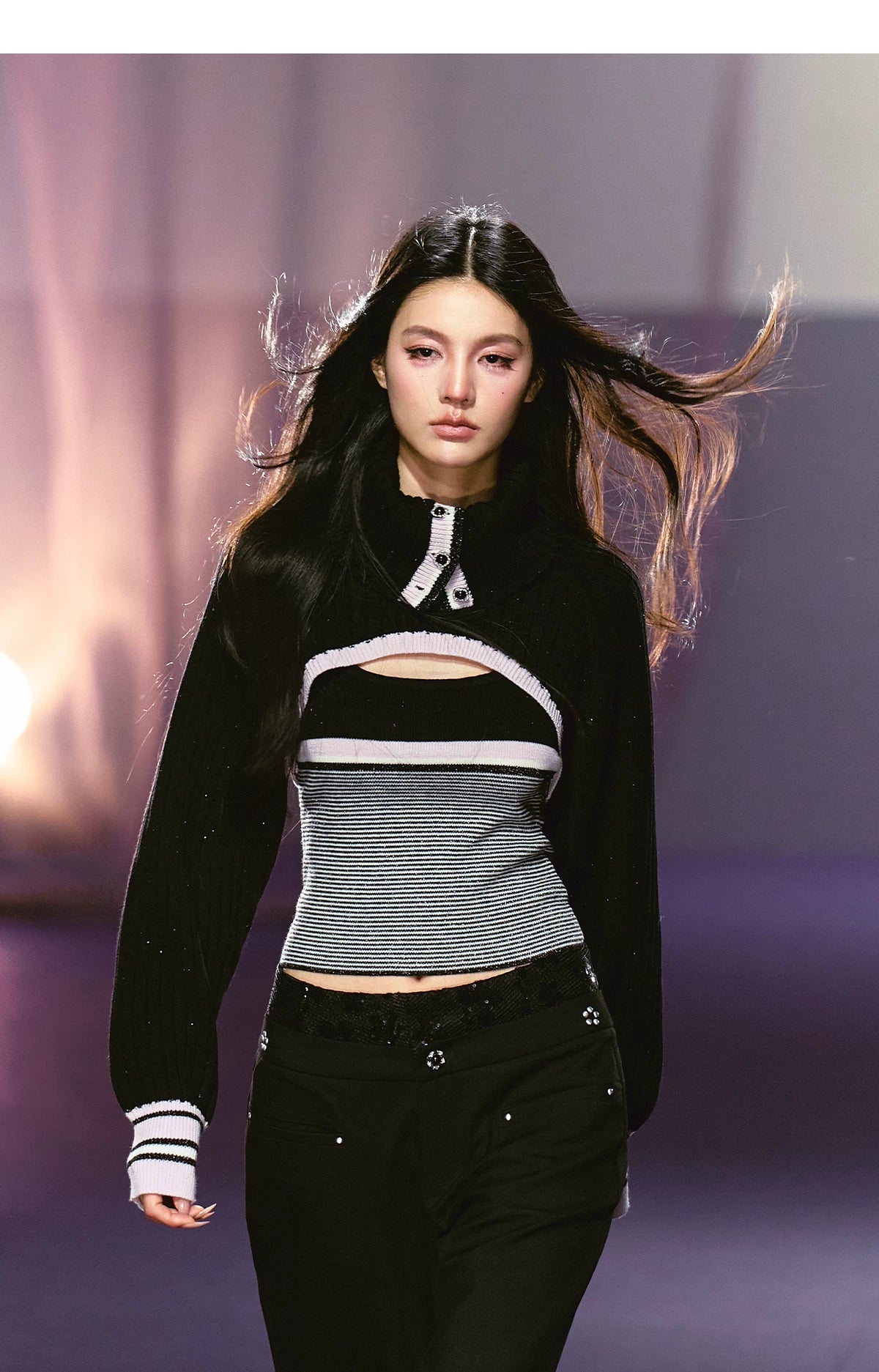 Contrast Turtleneck Layered Vest & Striped Camisole Set