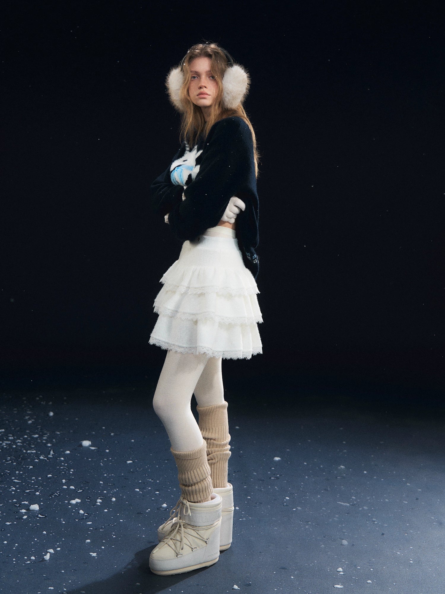 Lace-Panel Velvety Tiered Skirt