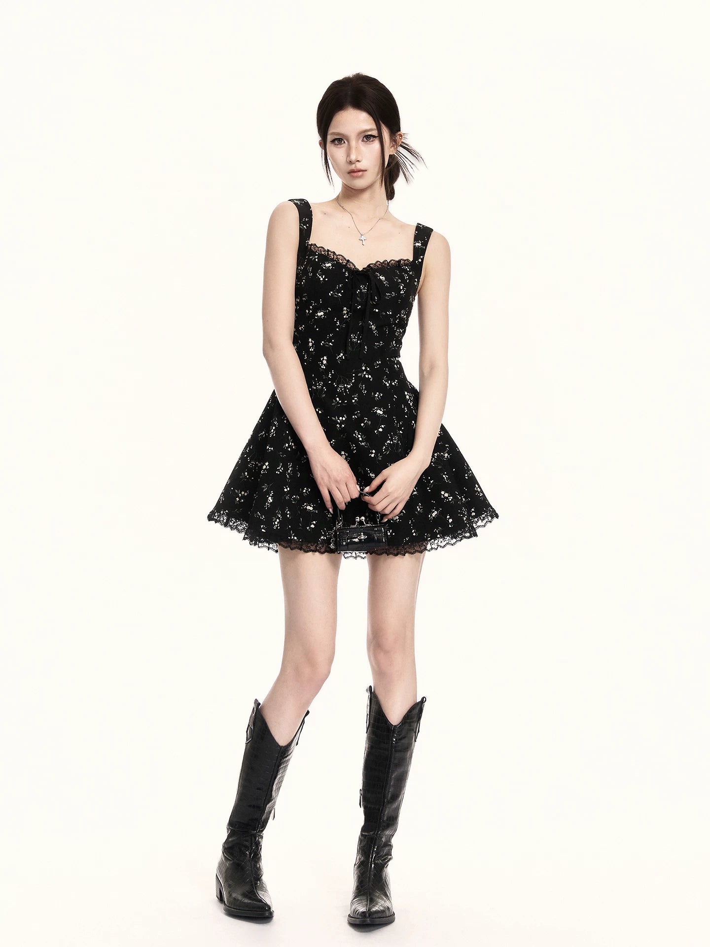 Midnight Bloom Square-Neck Floral Mini Dress